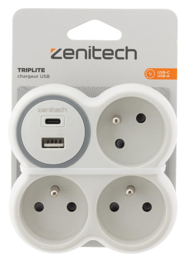 Multiprise 3 prises 1 USB A 1 USB C blanc, ZENITECH