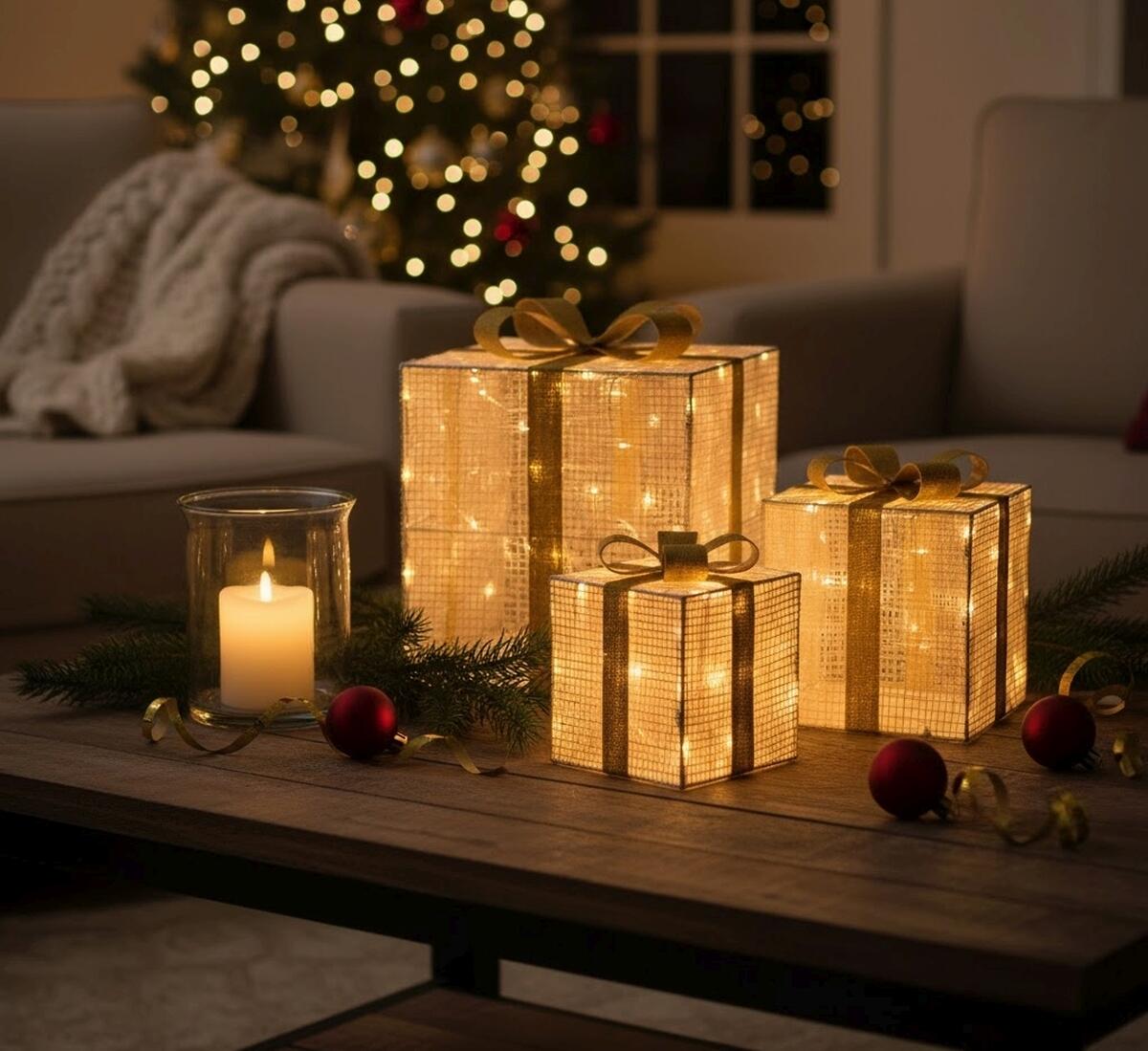 Pacco Regalo luminoso 3 pezzi 240 lampadine led bianco caldo L 1.3 m x H 40 cm - 3