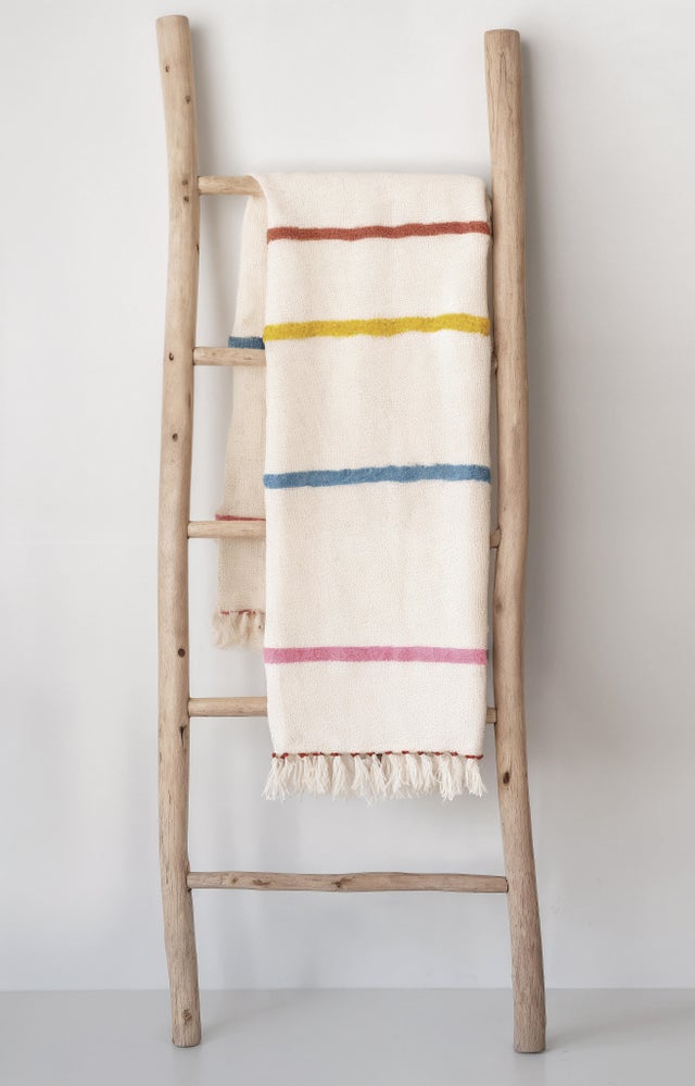 Manta algodón Multi Rayas rectangular algodón crema, multicolor con flecos 125x150 cm