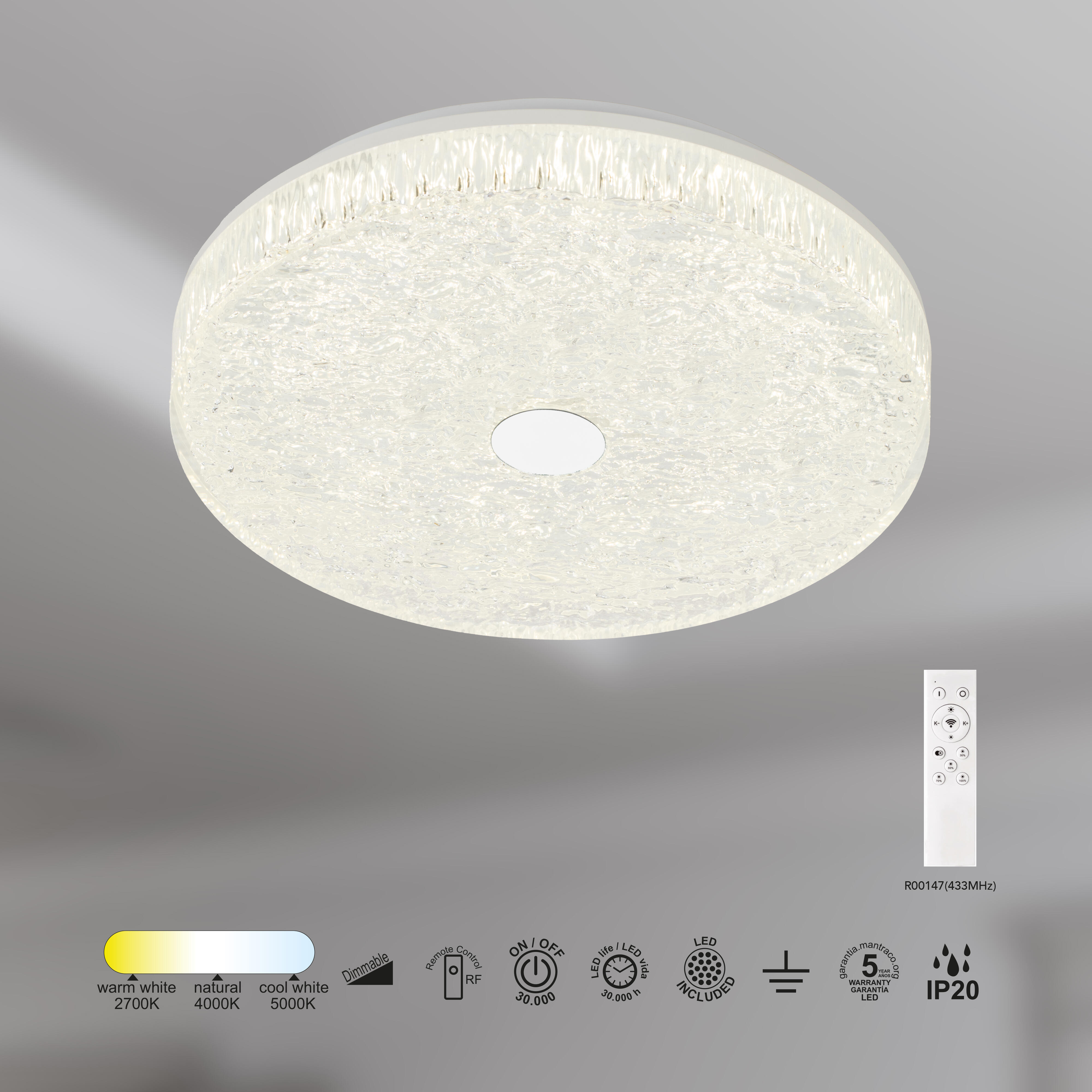 Plafón LED redondo blanco Frozen 3420 lm CCT 2700K-5000K ø30 cm IP20 - 3