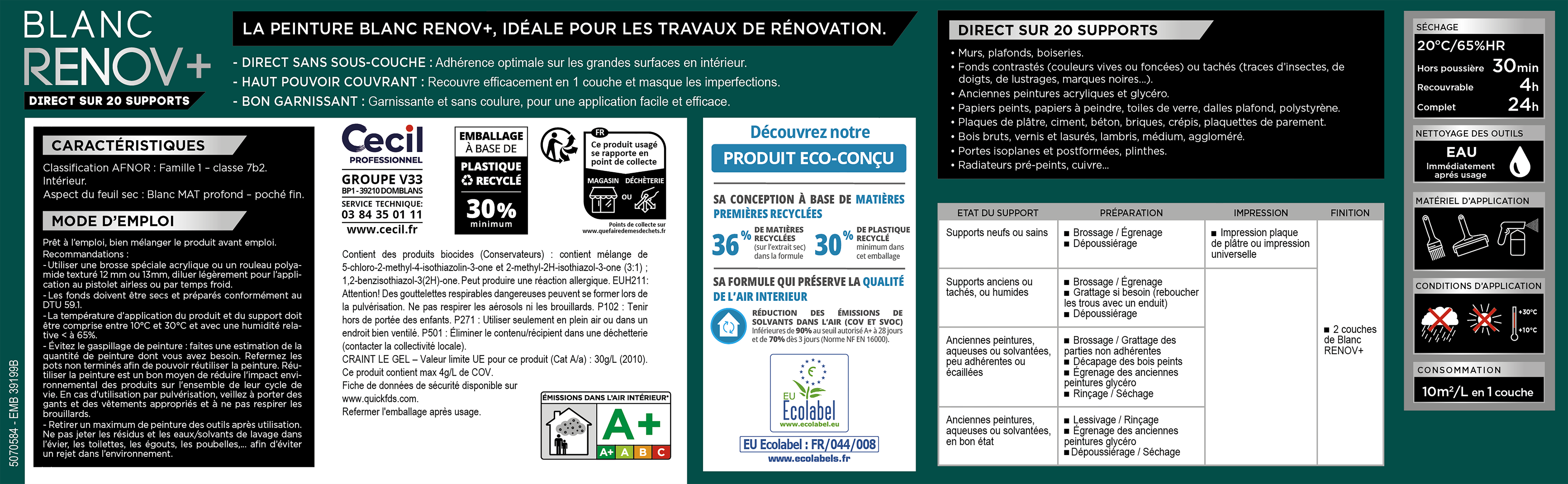 Peinture intérieure mur et plafond blanc mat Eco-conçu 15 L - CECIL PRO RENOV+ - 3