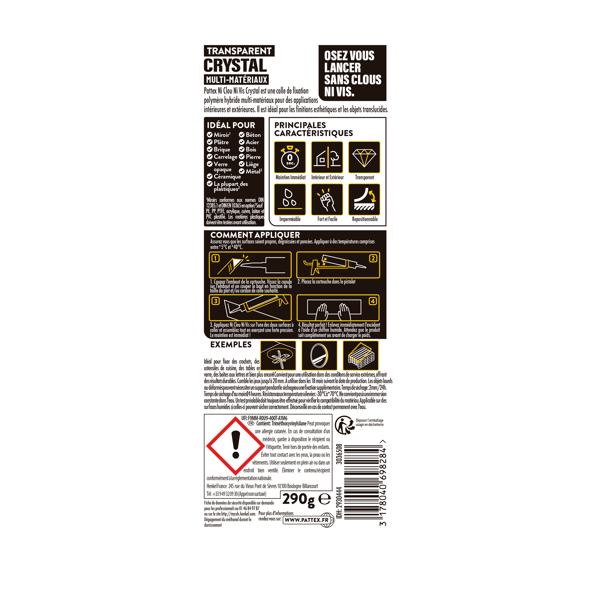 Colle de fixation pâte MS polymère Ni clou ni vis crystal PATTEX, 290 g transpar - 8