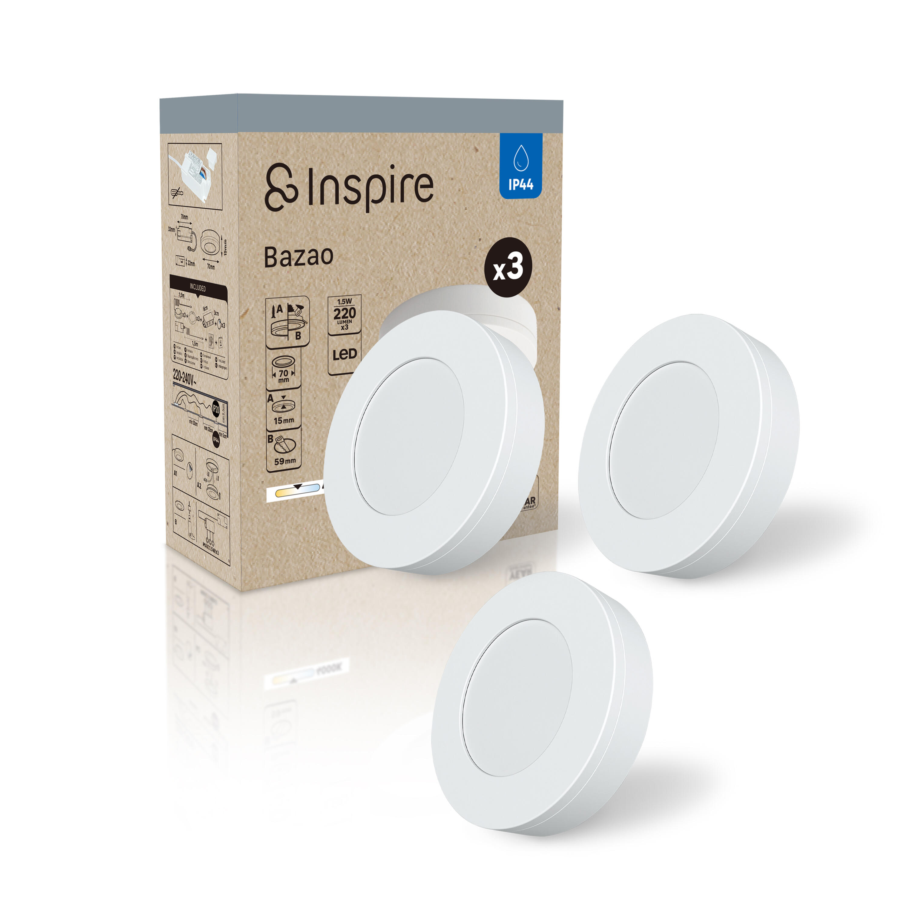 Lot 3 spots LED encastrés salle de bain IP44 Bazao, blanc neutre, INSPIRE blanc - 4