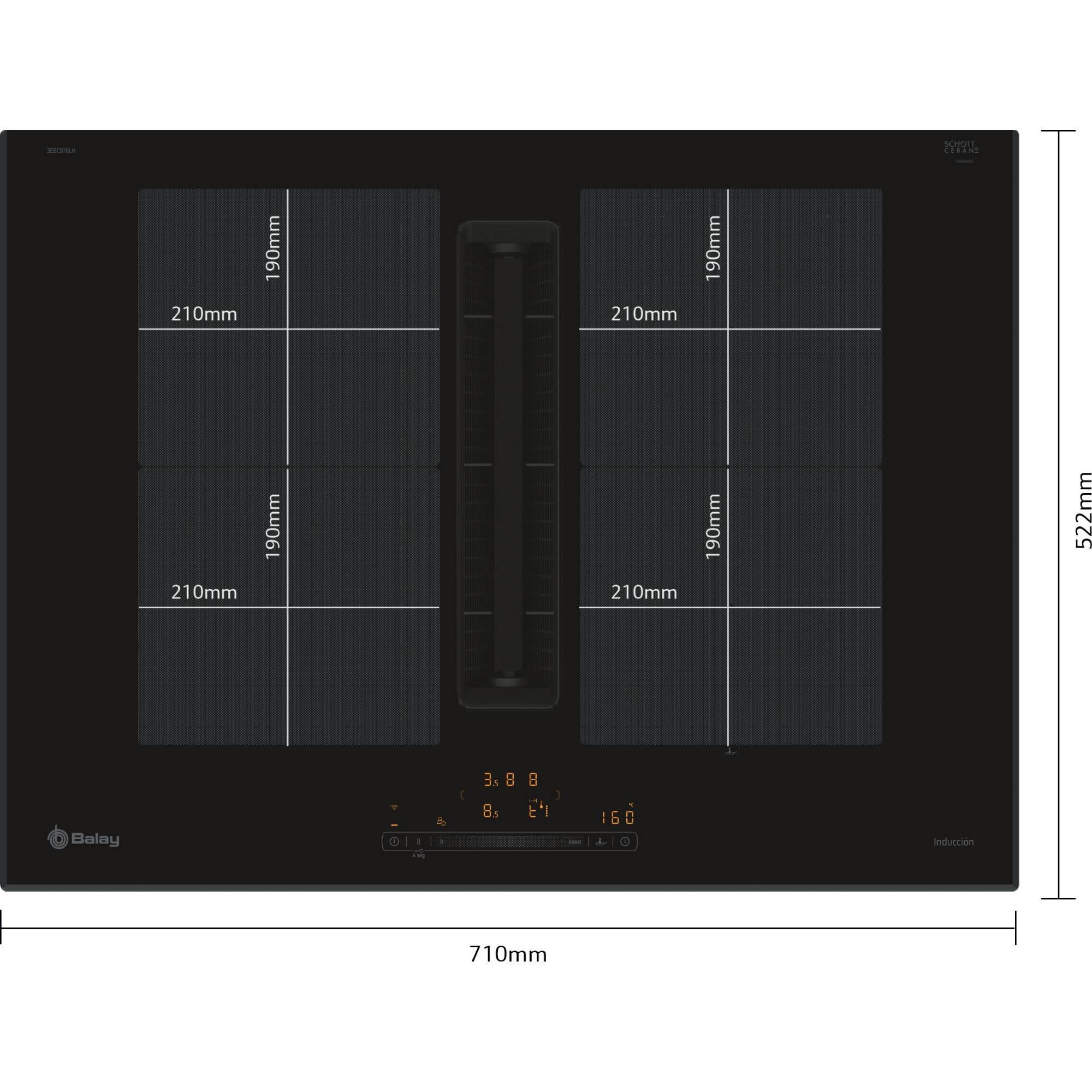 placa de induccion con extractor balay 3ebc976lh con 2 zonas de coccion y zona flex 7400w negro 71 cm