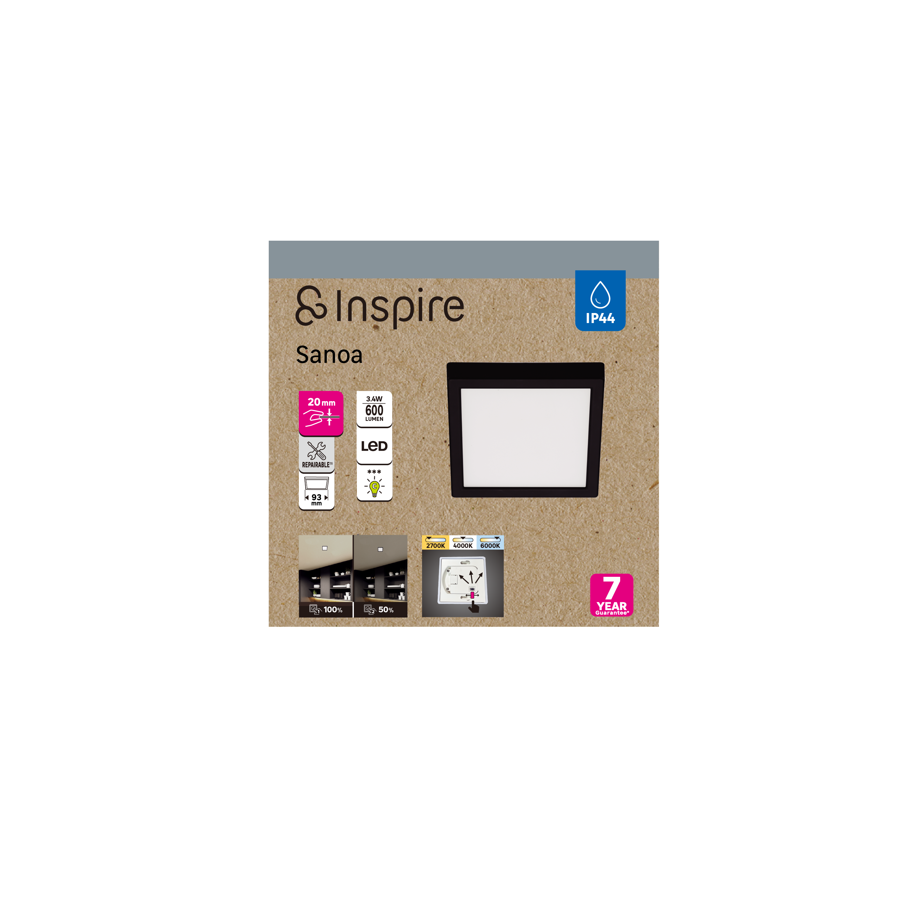 Plafón LED cuadrada negro Sanoa pantalla policarbonato 600 lm 3 tonos de luz CCT (2700K-4000K-6000K) ø9.3 cm IP20 - 12