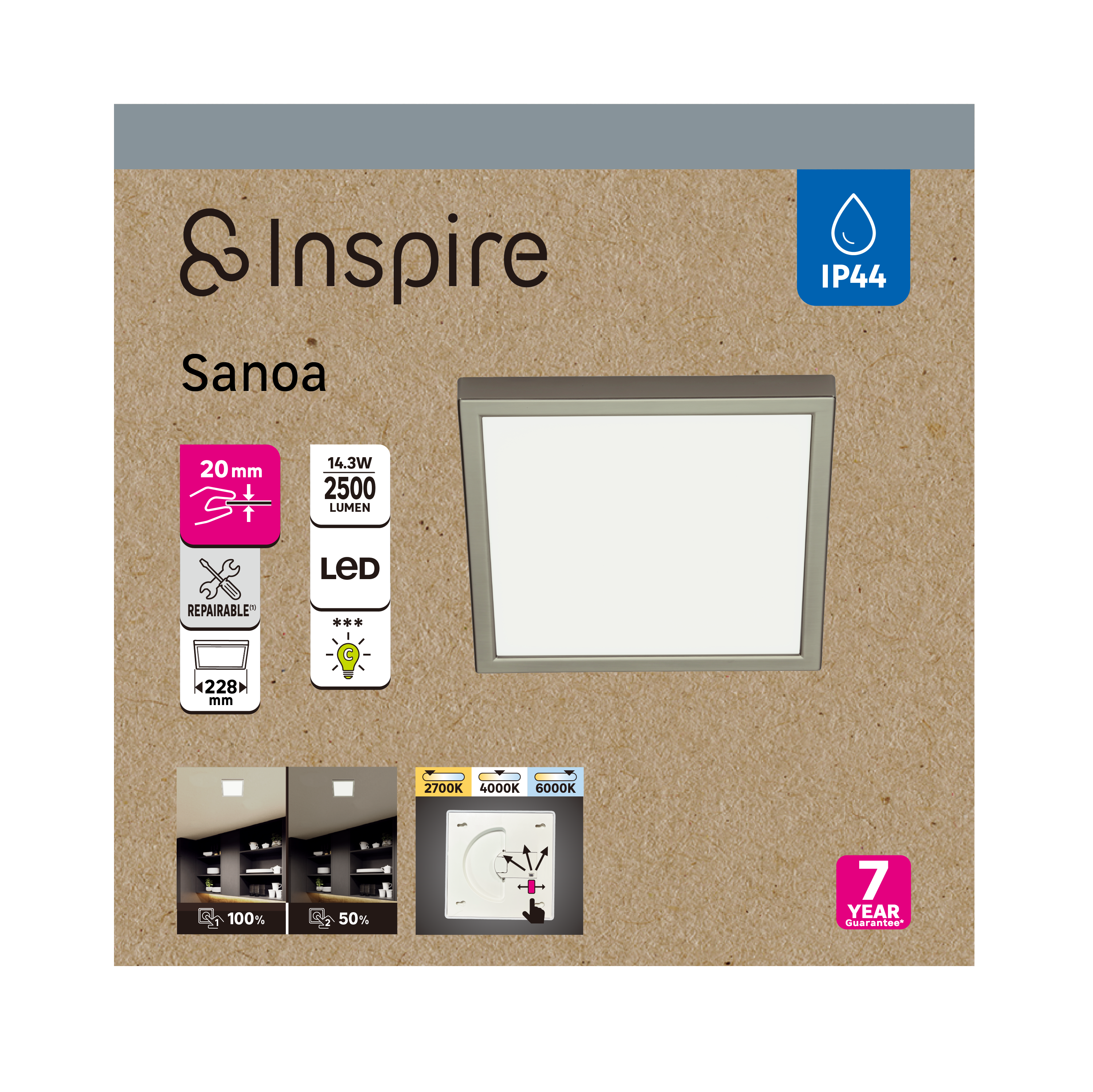 Spot à fixer LED Sanoa, 22x22 cm, variations blancs et intensité, INSPIRE acier - 5