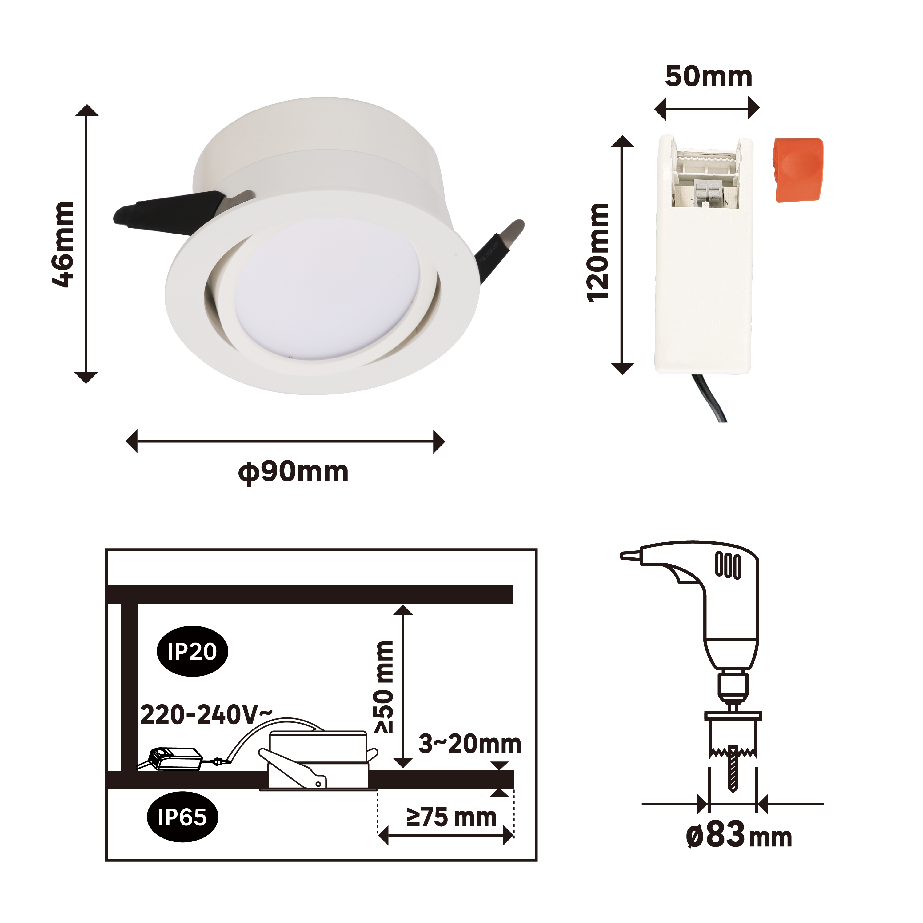 Downlight LED empotrable INSPIRE LINDI blanco redondo ø9 cm 550 lm 4.8 W luz CCT 3000K-4000KK IP65 - Foco LED empotrado para duchas - 7
