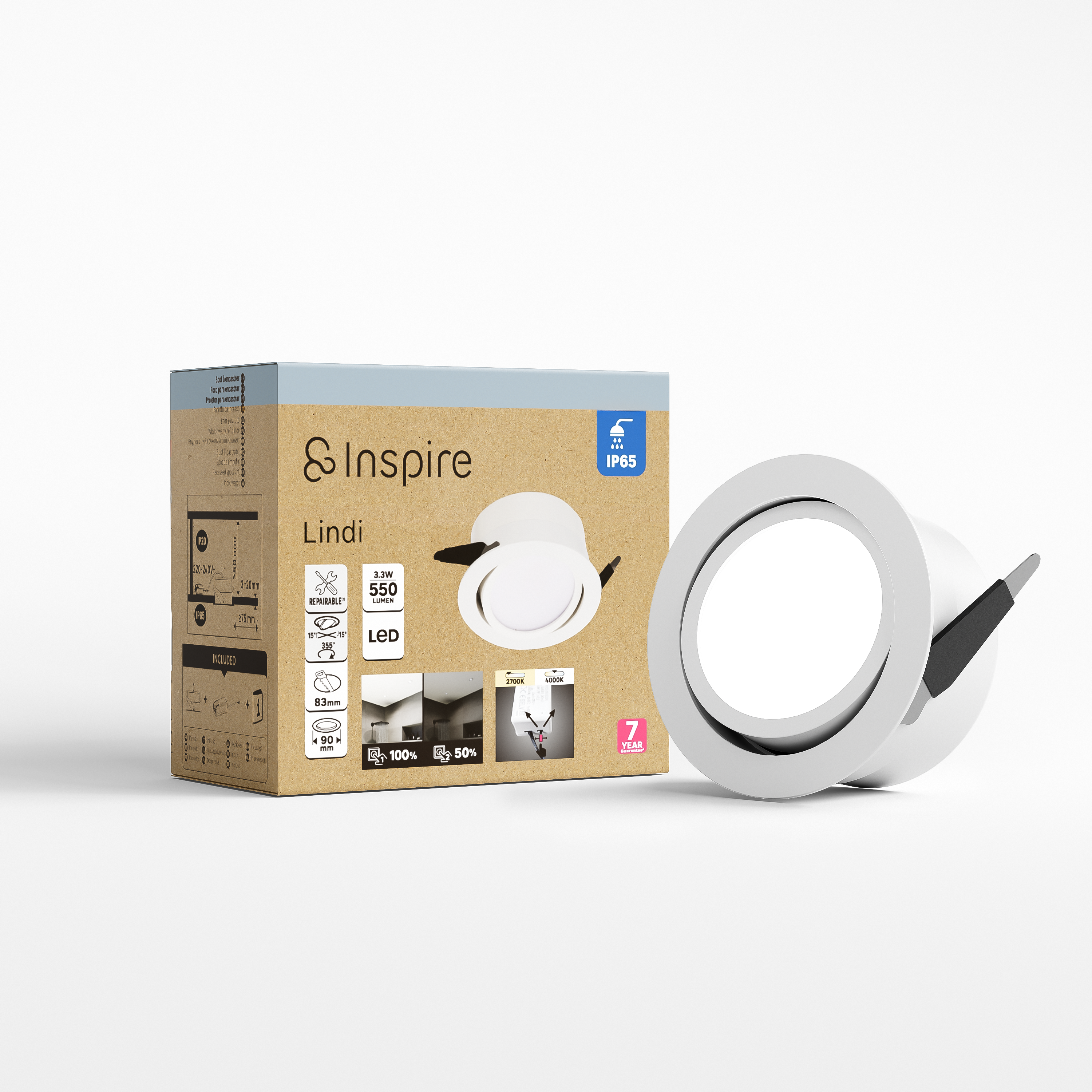 Downlight LED empotrable INSPIRE LINDI blanco redondo ø9 cm 550 lm 4.8 W luz CCT 3000K-4000KK IP65 - Foco LED empotrado para duchas - 5