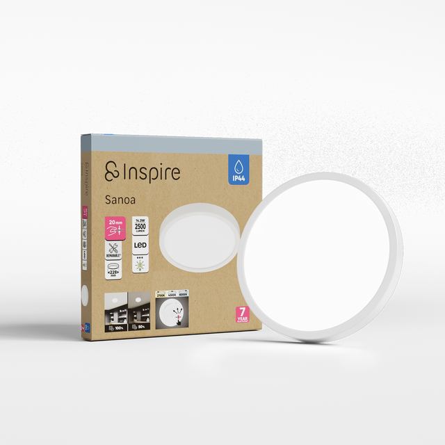 Plafón LED redondo blanco Sanoa INSPIRE 2500 lm 3 tonos de luz CCT (2700K-4000K-6000K) ø22.8 cm IP44