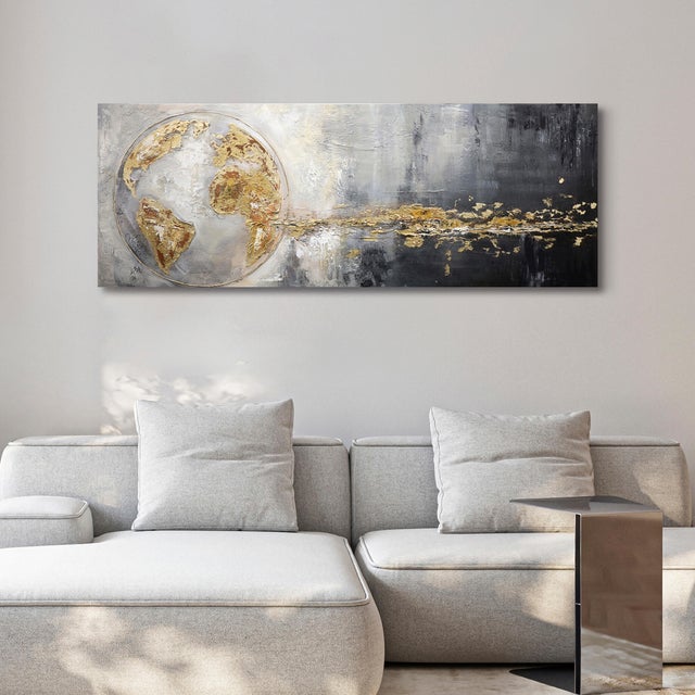 Pintura sin marco Abstracto rectangular de 150 x 50 cm. MDF Planeta Tierra negro y dorado