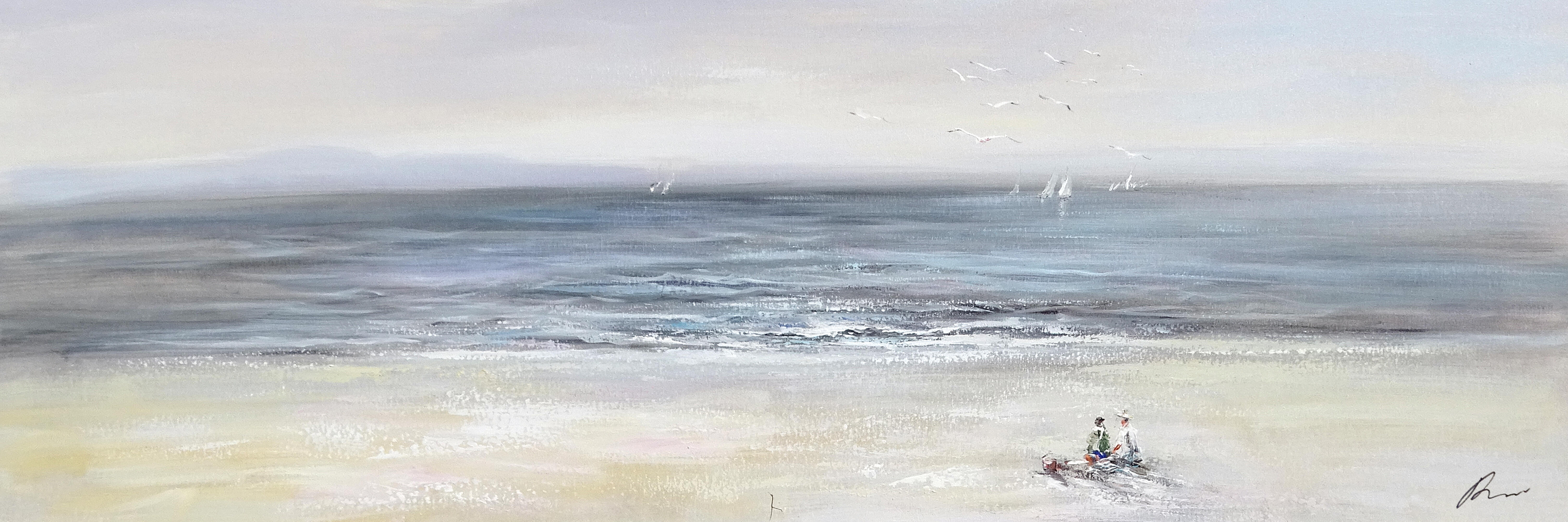 Pintura sin marco Mar rectangular de 150 x 50 cm. MDF Atardecer azul y gris - 2