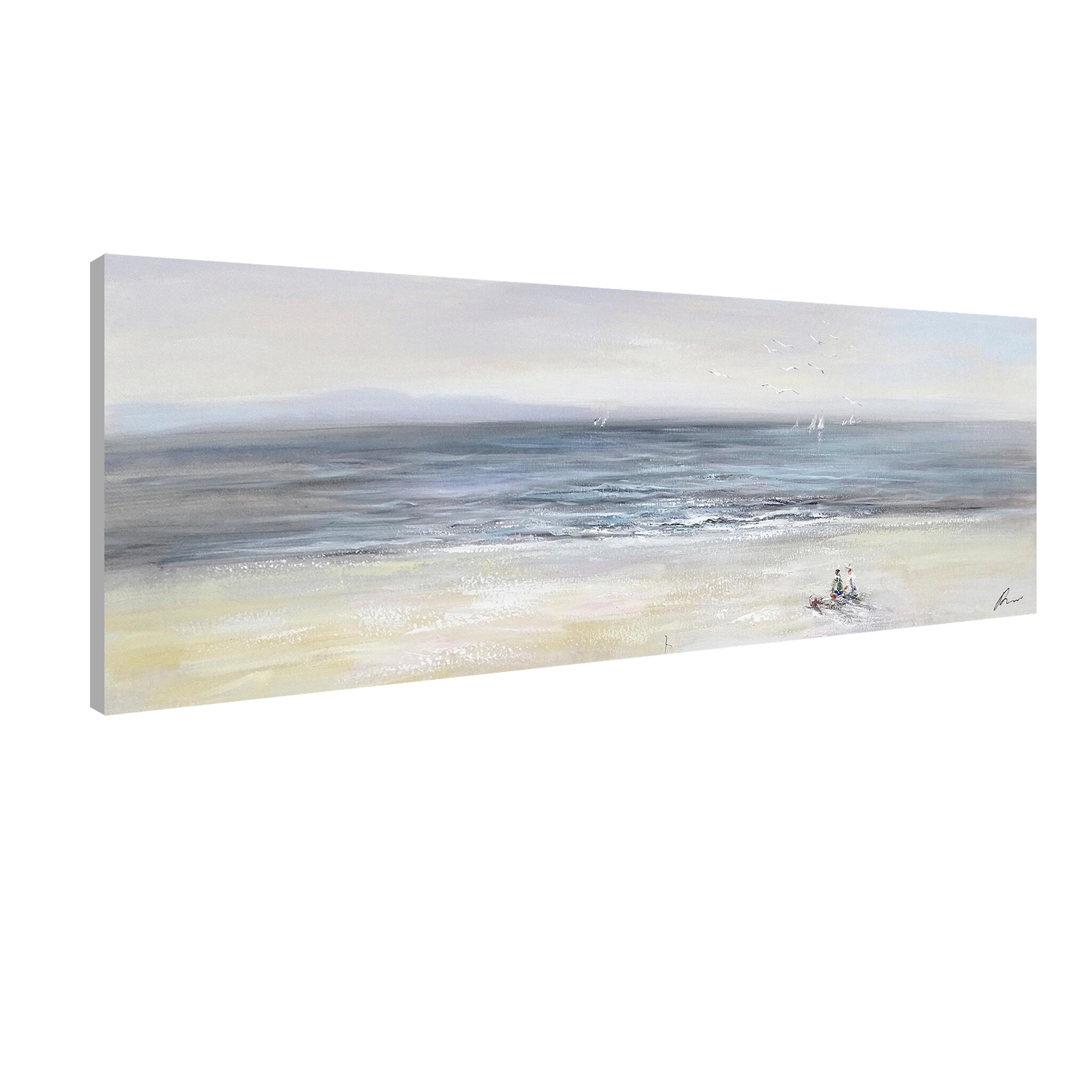 Pintura sin marco Mar rectangular de 150 x 50 cm. MDF Atardecer azul y gris - 4