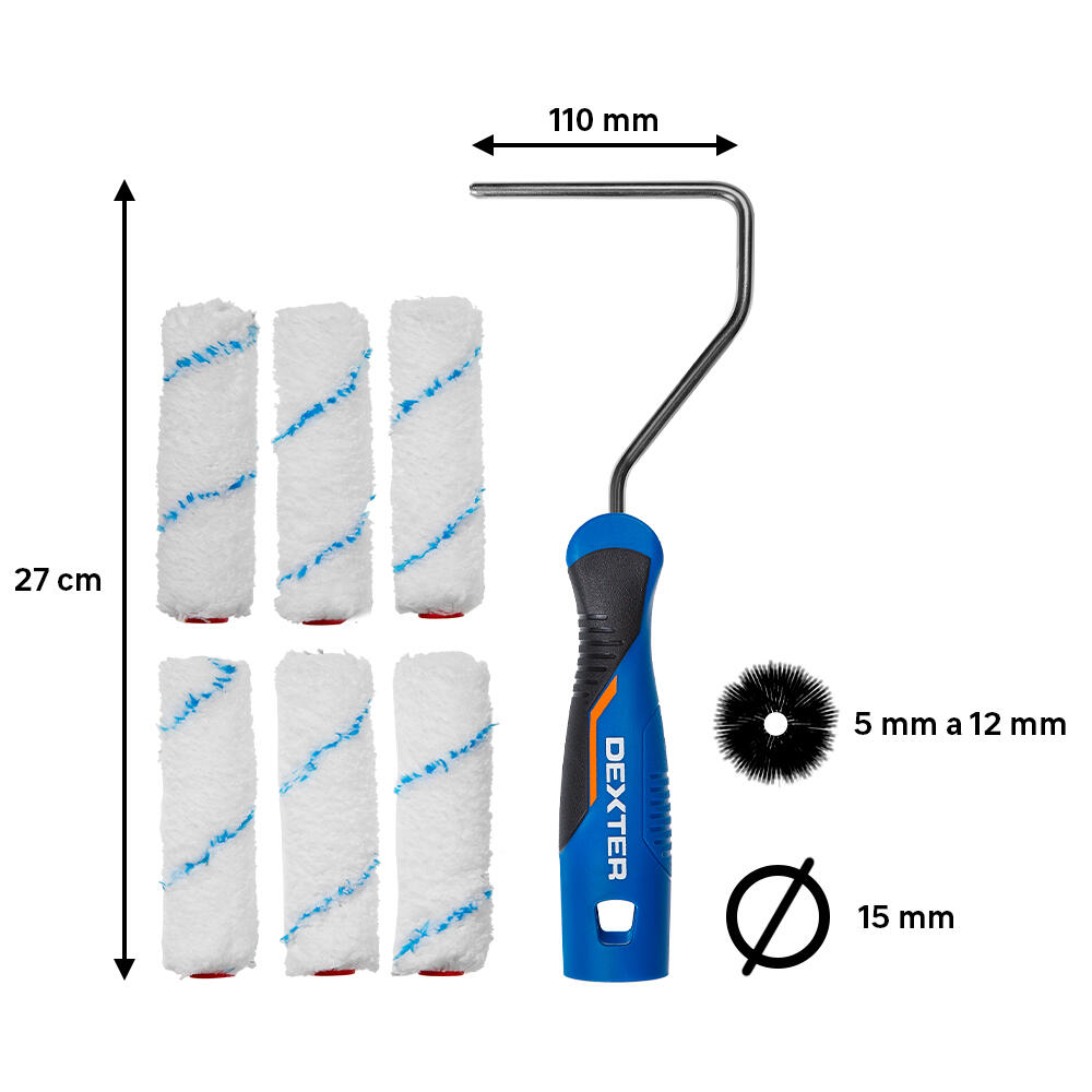 Juego de 6 mini rodillos para pintar superficies lisas de 110 mm de anchura, 15 mm de diámetro, pelo medio (5mm a 12 mm). Fibra de poliéster. - 2