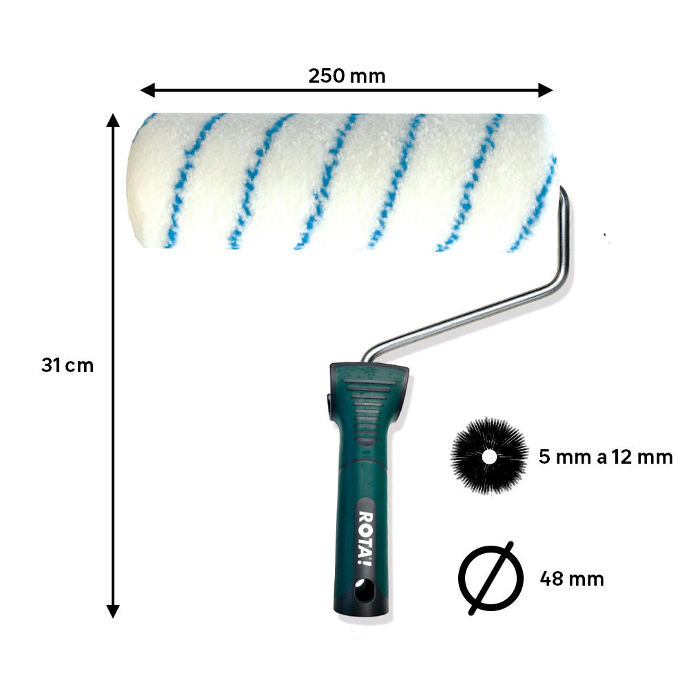 Rodillo para pintar suelos y superficies lisas CIRET de 250 mm de anchura, 48 mm de diámetro, pelo medio (5 mm a 12 mm). Fibra de poliéster. Varilla de acero. - 2