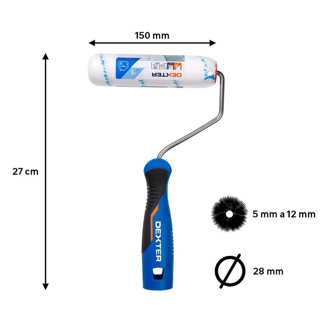 Mini rodillo para pintar superficies lisas y aplicar capas base DEXTER de 150 mm de anchura, 28 mm de diámetro, pelo medio (5 mm a 12 mm). Fibra de poliéster. Varilla de acero.