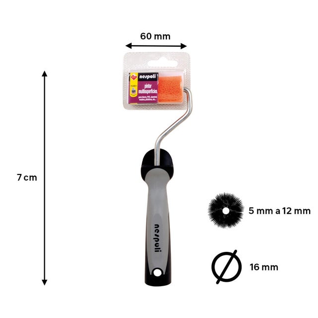 Mini rodillo para pintar superficies rugosas y lisas NESPOLI de 60 mm de anchura, 16 mm de diámetro, pelo medio (5 mm a 12 mm). Varilla de acero.