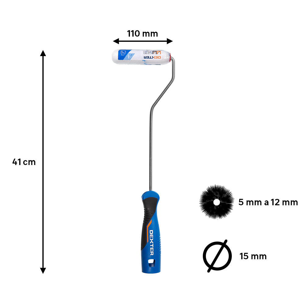 Mini rodillo para pintar superficies lisas y aplicar capas base DEXTER de 110 mm de anchura, 15 mm de diámetro, pelo medio (5 mm a 12 mm). Fibra de poliéster. Varilla de acero. - 2
