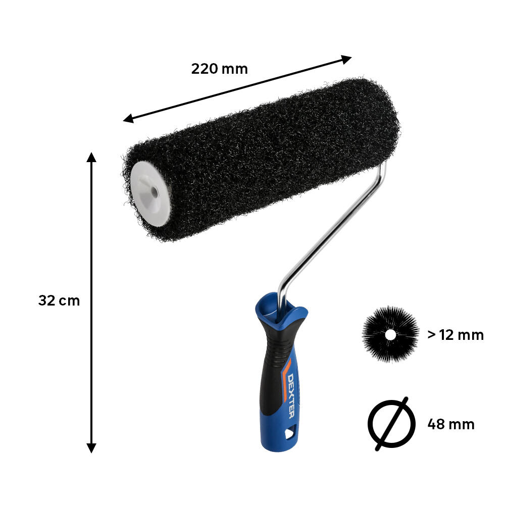 Rodillo para pintar fachadas rugosas y aplicar masilla DEXTER de 220 mm de anchura, 48 mm de diámetro, pelo largo (más de 12 mm). Fibra de poliamida. Varilla de acero. - 2