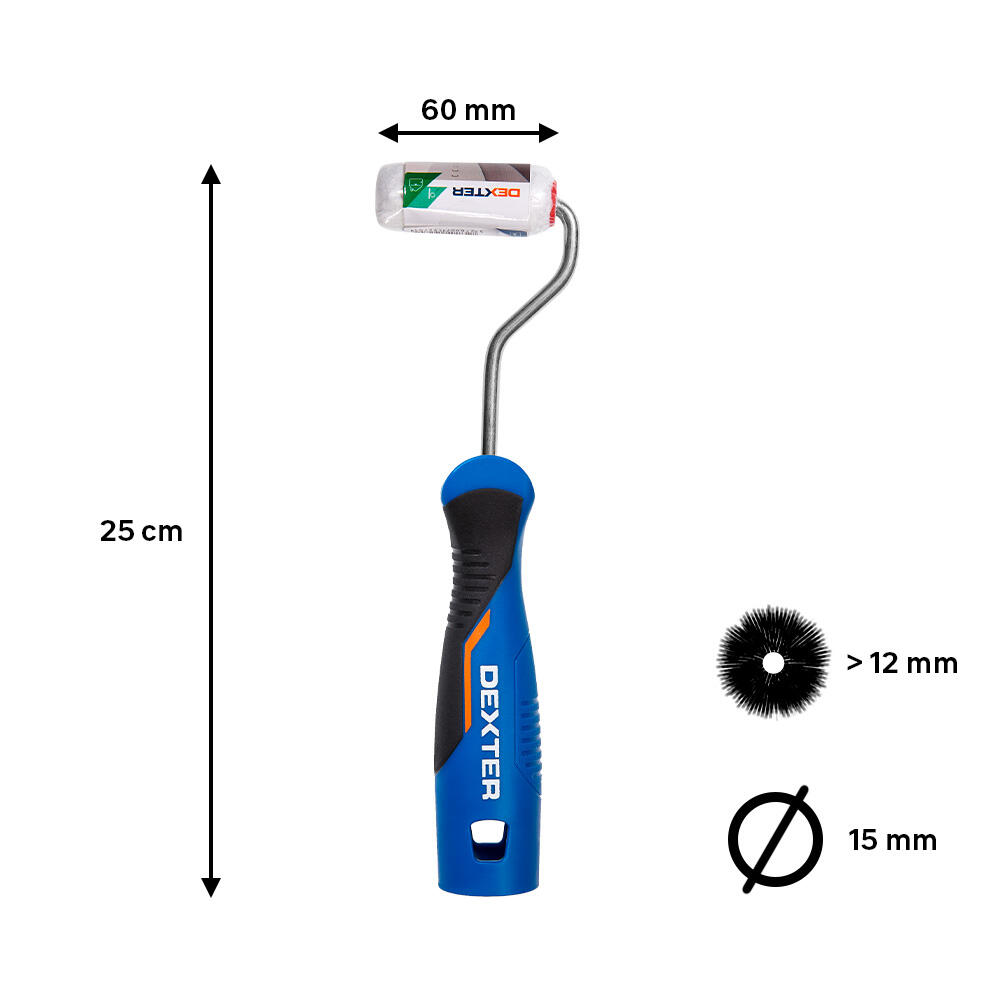 Mini rodillo para pintar superficies rugosas DEXTER de 60 mm de anchura, 15 mm de diámetro, pelo largo (más de 12 mm). Fibra de poliéster. Varilla de acero. - 2