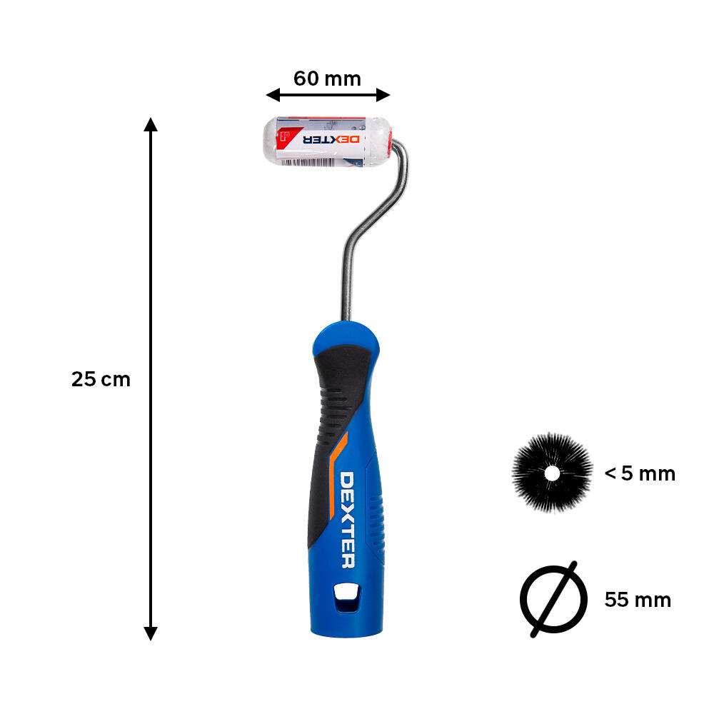 Mini rodillo para lacar DEXTER de 60 mm de anchura, 55 mm de diámetro, pelo corto (menos de 5mm). Fibra de poliamida. Varilla de acero. - 2