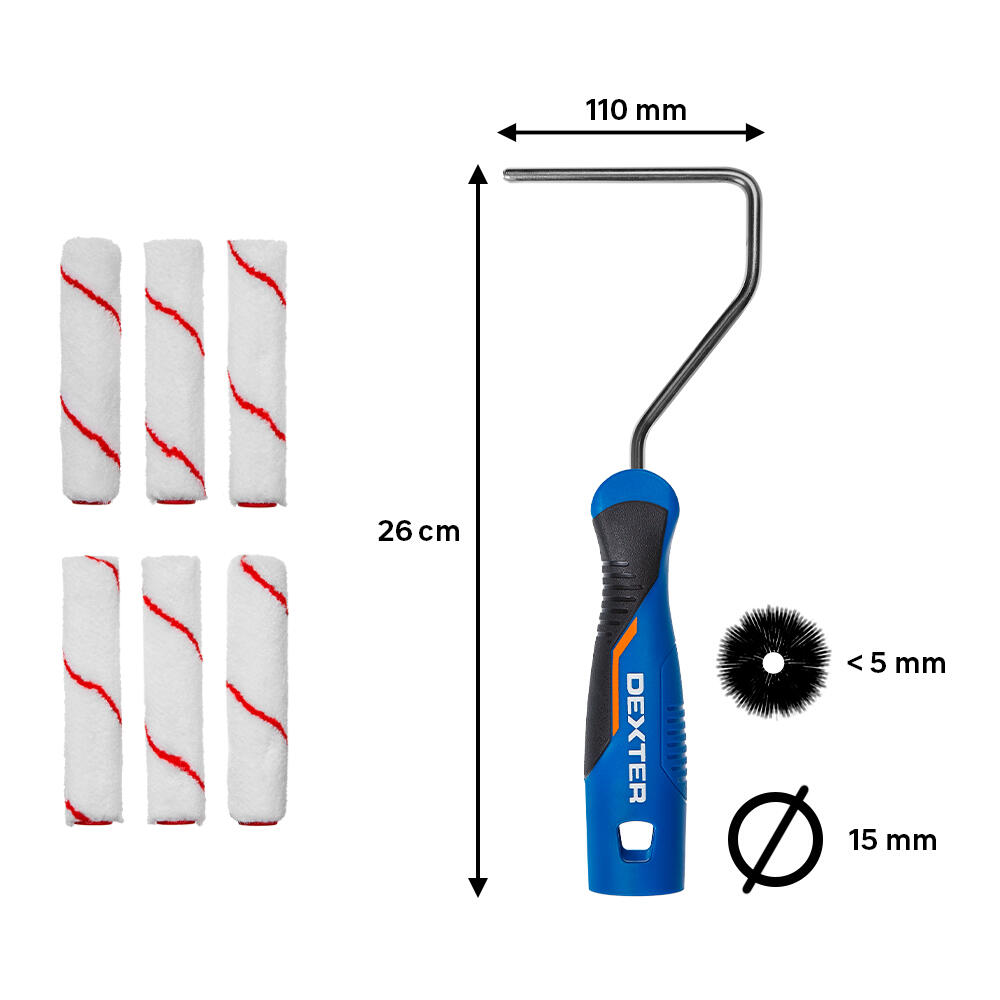 Kit de 6 mini rodillos para lacar DEXTER de 110 mm de anchura, 15 mm de diámetro, pelo corto (menos de 5 mm). Fibra de poliamida. Varilla de acero. - 2