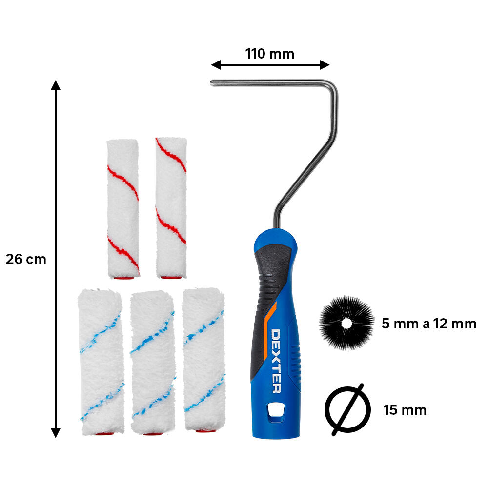 Kit de 5 mini rodillos para pintar superficies lisas y lacar DEXTER de 110 mm de anchura, 15 mm de diámetro, pelo medio (5mm a 12 mm). Fibra de poliéster. Varilla de acero. - 2
