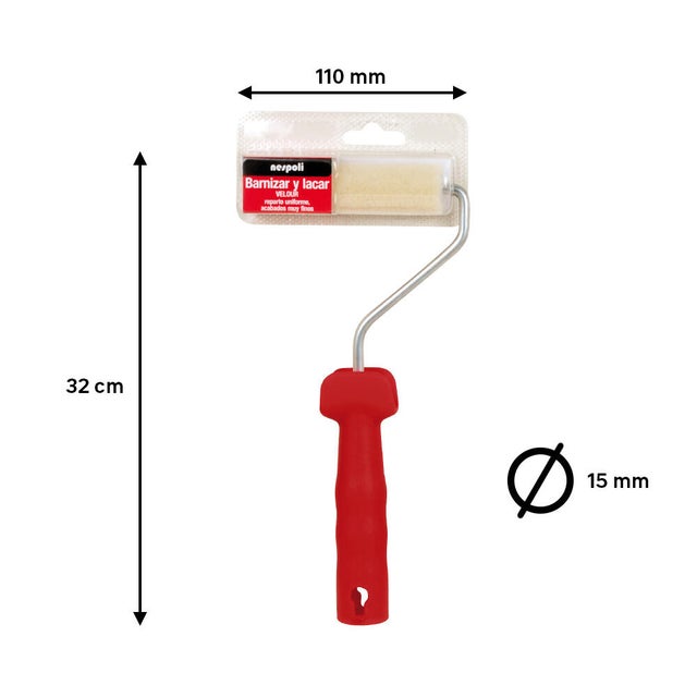 Mini rodillo para lacar NESPOLI de 110 mm de anchura, 15 mm de diámetro, sin pelo. Fibra de lana. Varilla de acero.