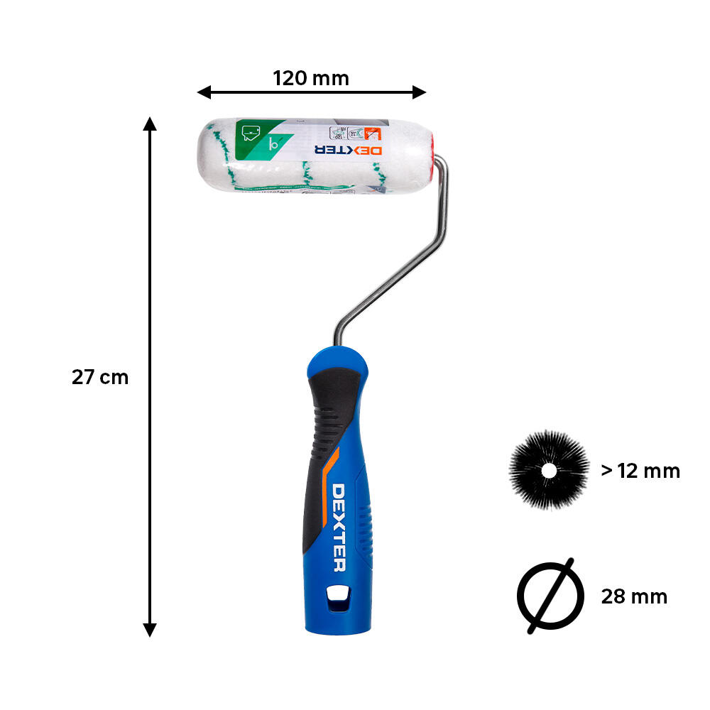 Mini rodillo para pintar superficies rugosas DEXTER de 120 mm de anchura, 28 mm de diámetro, pelo largo (más de 12 mm). Fibra de poliéster. Varilla de acero. - 2