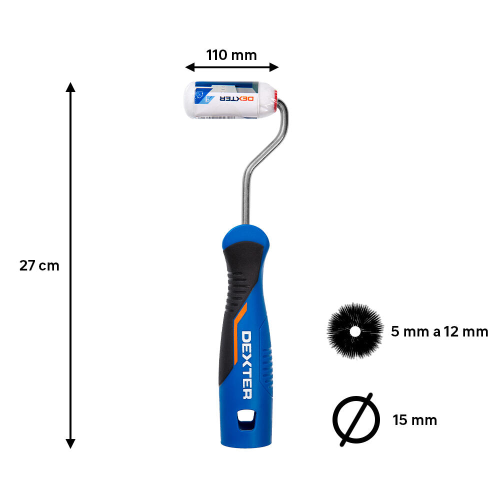 Mini rodillo para pintar superficies lisas y aplicar capas base DEXTER de 110 mm de anchura, 15 mm de diámetro, pelo medio (5 mm a 12 mm). Fibra de poliéster. Varilla de acero. - 2
