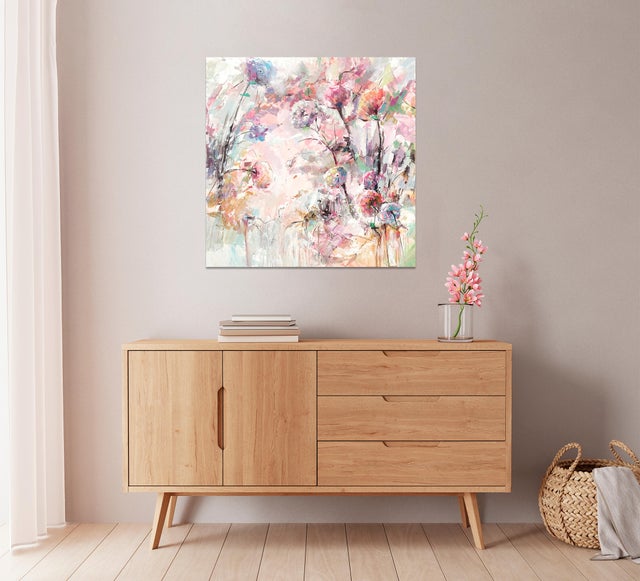 Pintura sin marco Botánica cuadrada de 80 x 80 cm. MDF Flor abstracta rosa multicolor