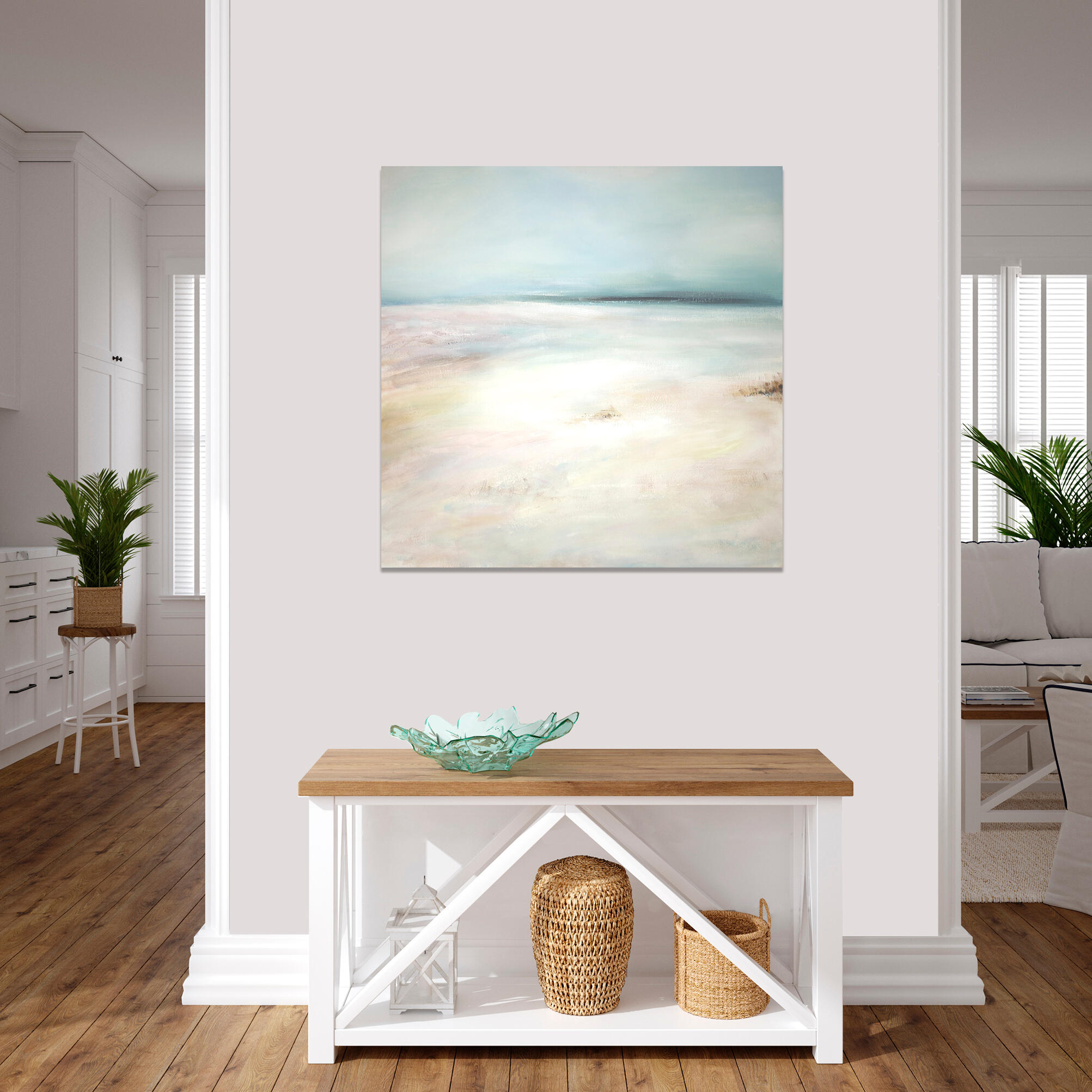 Pintura sin marco mar cuadrada de 80 x 80 cm. mdf plata horizonte azul beige