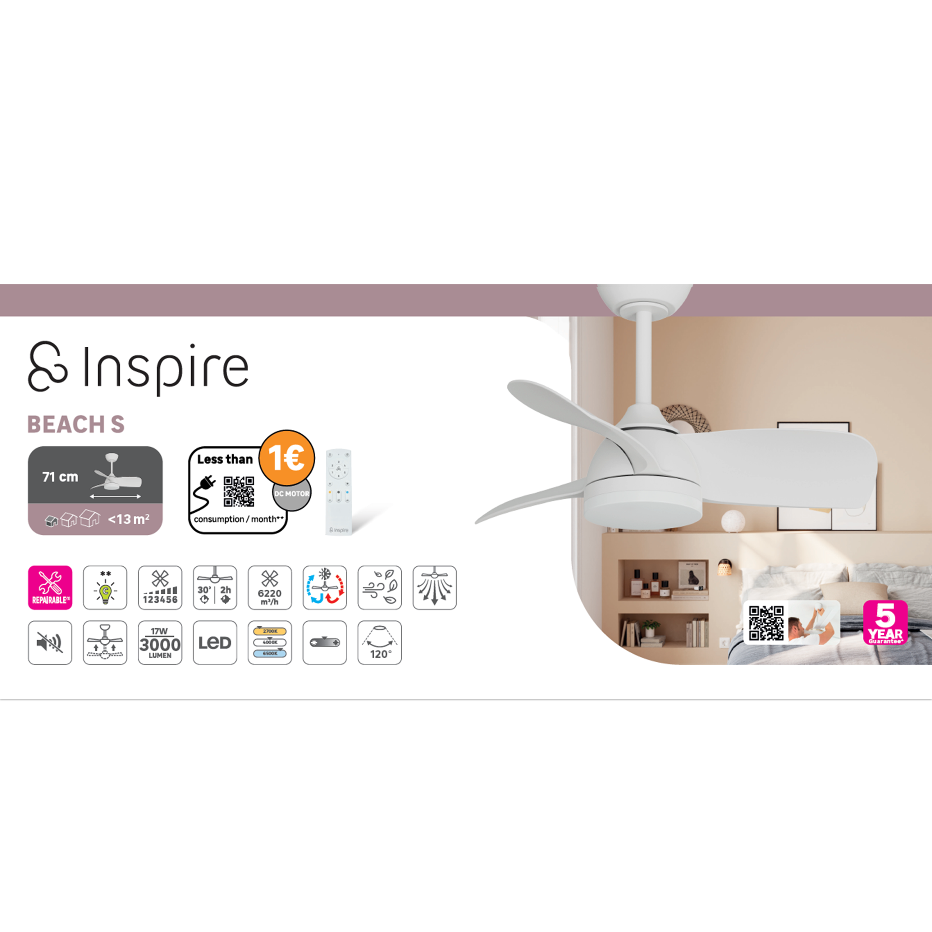 Ventilador de techo con luz silencioso DC 26W con mando ø71 cm Beach INSPIRE blanco luz CCT 3 aspas| 6 velocidades| modo verano/invierno| brisa| temporizador| recomendado para <13m² - 12