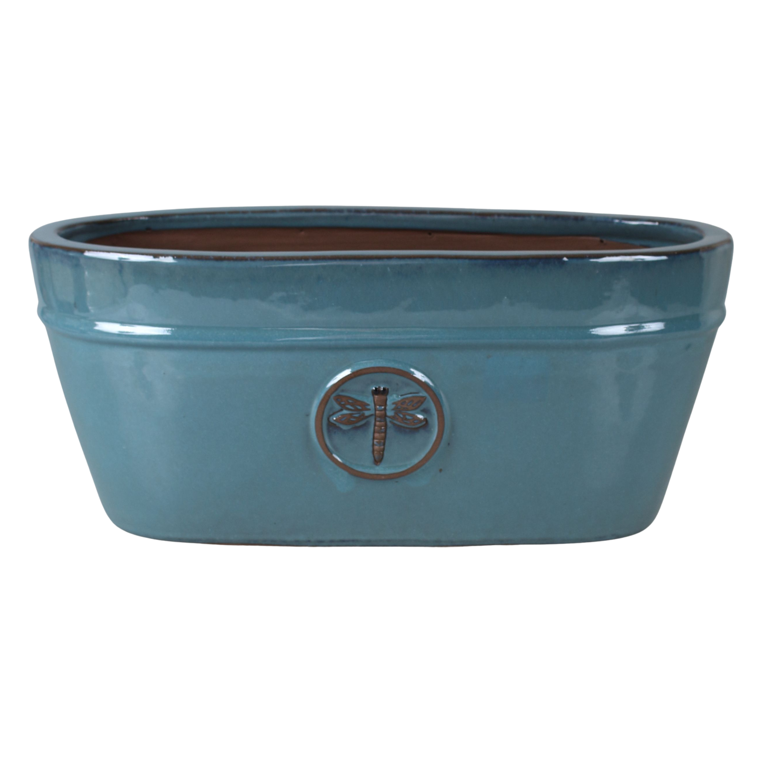 Doniczka szkliwiona owalna z emblematem 46 cm niebieska Cermax