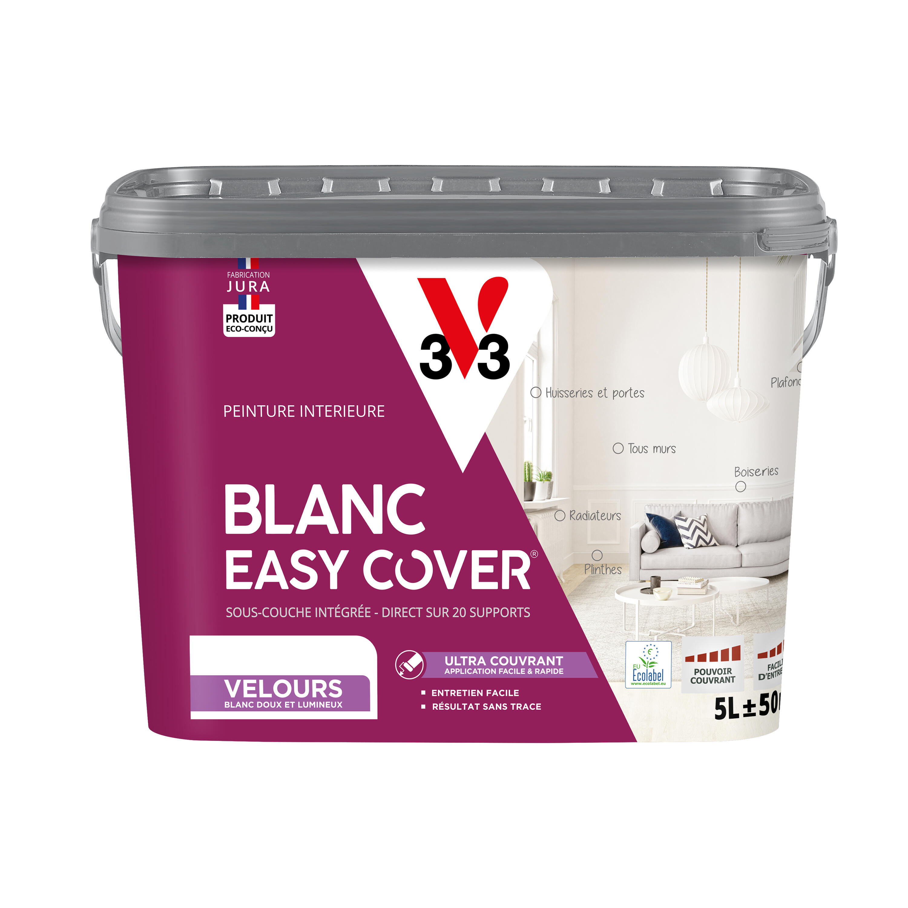 Peinture mur et plafond, boiserie blanc velours V33 Easy cover 5l - 6