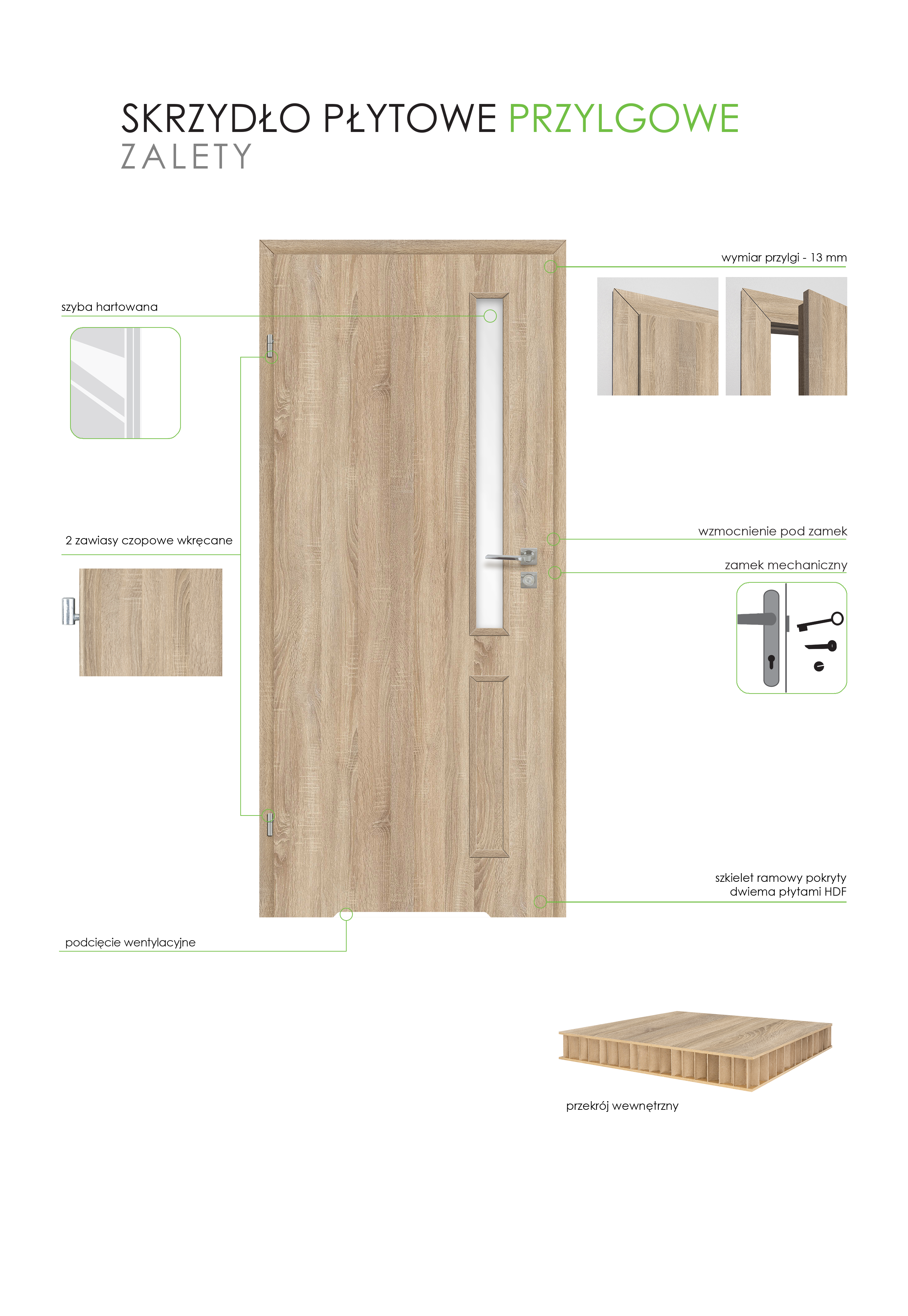 Drzwi wewnętrzne łazienkowe Zaria dąb sonoma 60 lewa z podcięciem wentylacyjnym VOSTER - 4