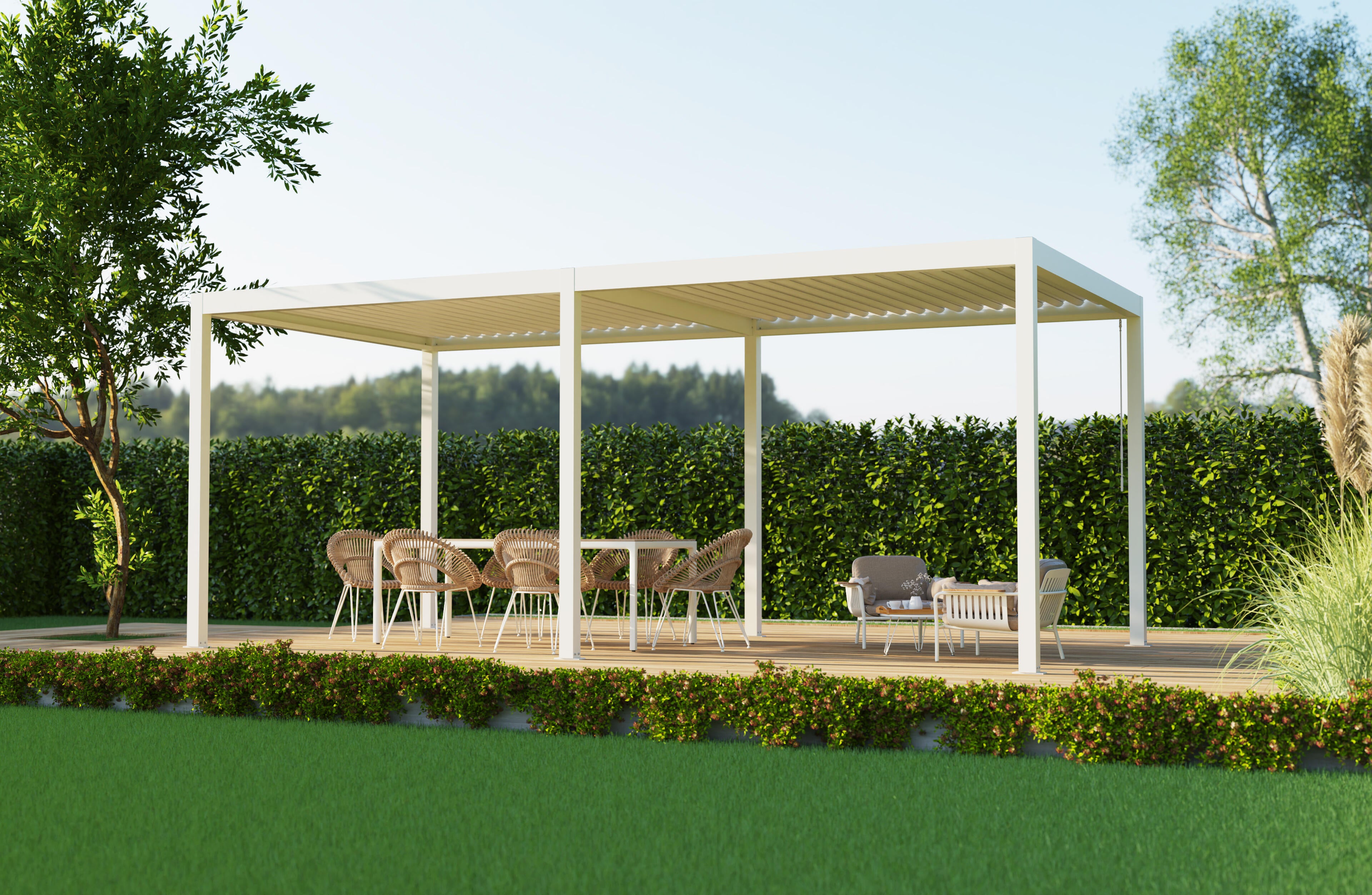 pergola bioclimatica de aluminio tieral caleta blanca y lama blanca de 606 x 308 x 250 cm manual