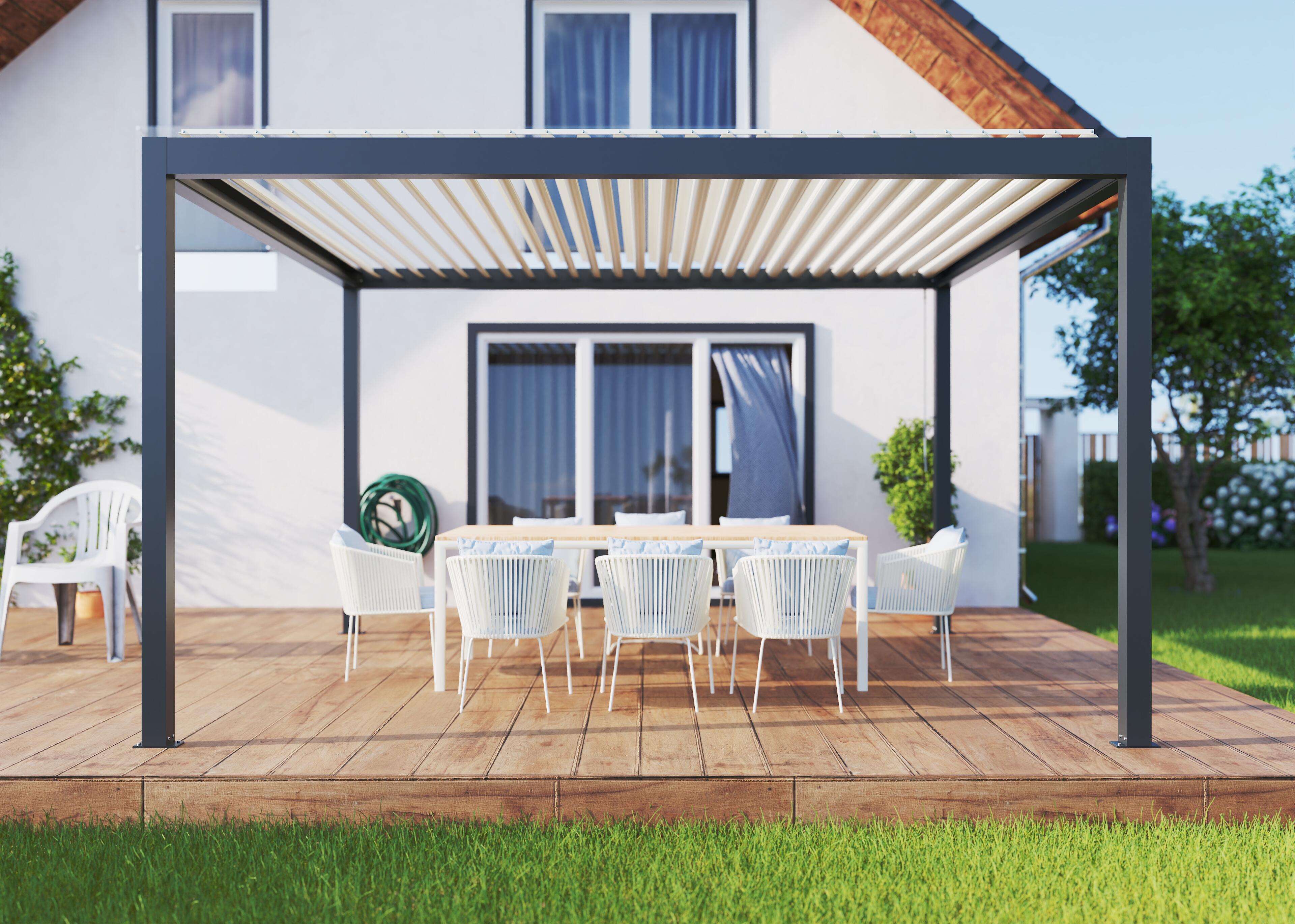 pergola bioclimatica de aluminio tieral caleta gris y lama blanca de 413 x 350 x 257 cm manual