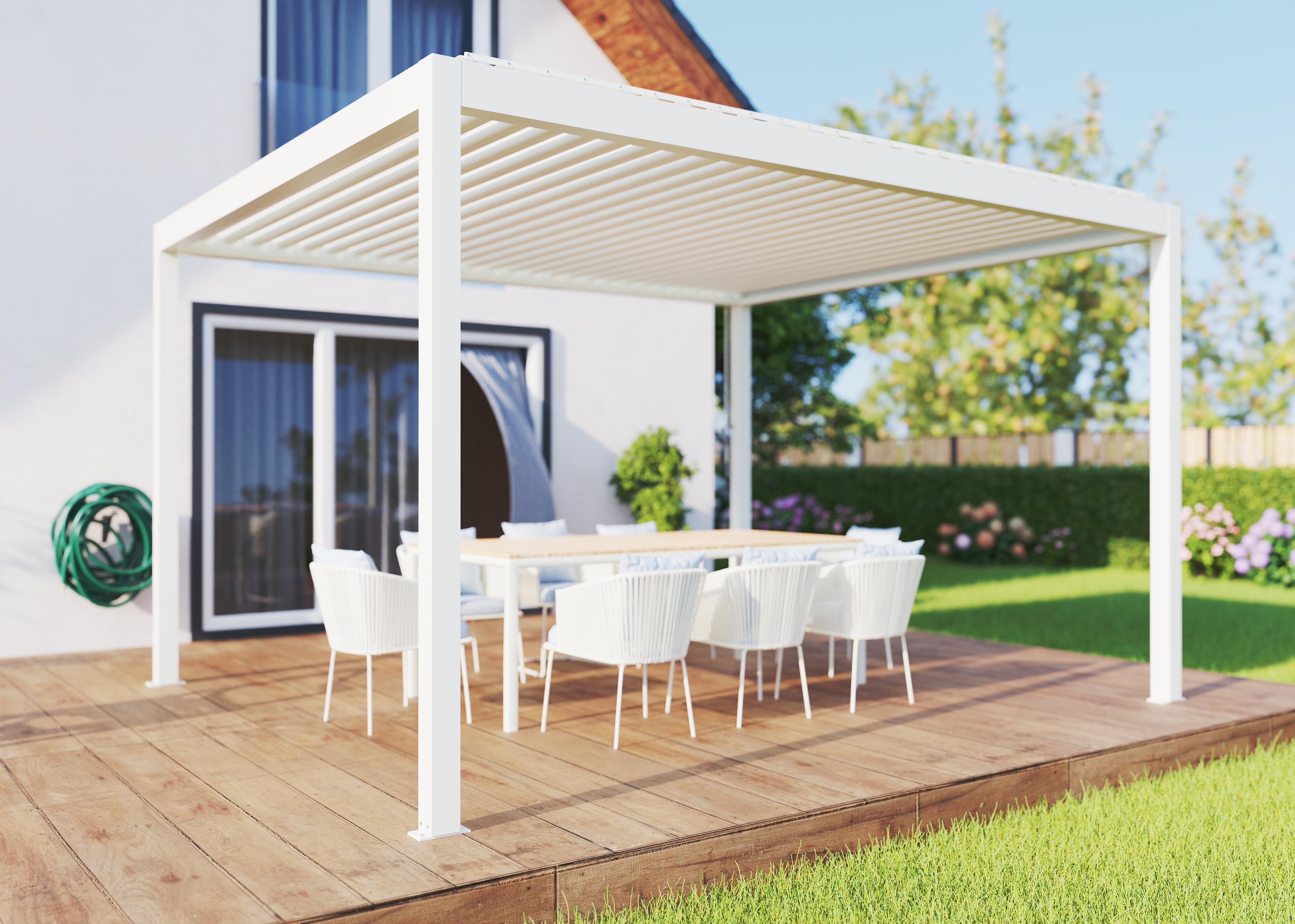 pergola bioclimatica de aluminio tieral caleta blanca y lama blanca de 413 x 350 x 257 cm manual