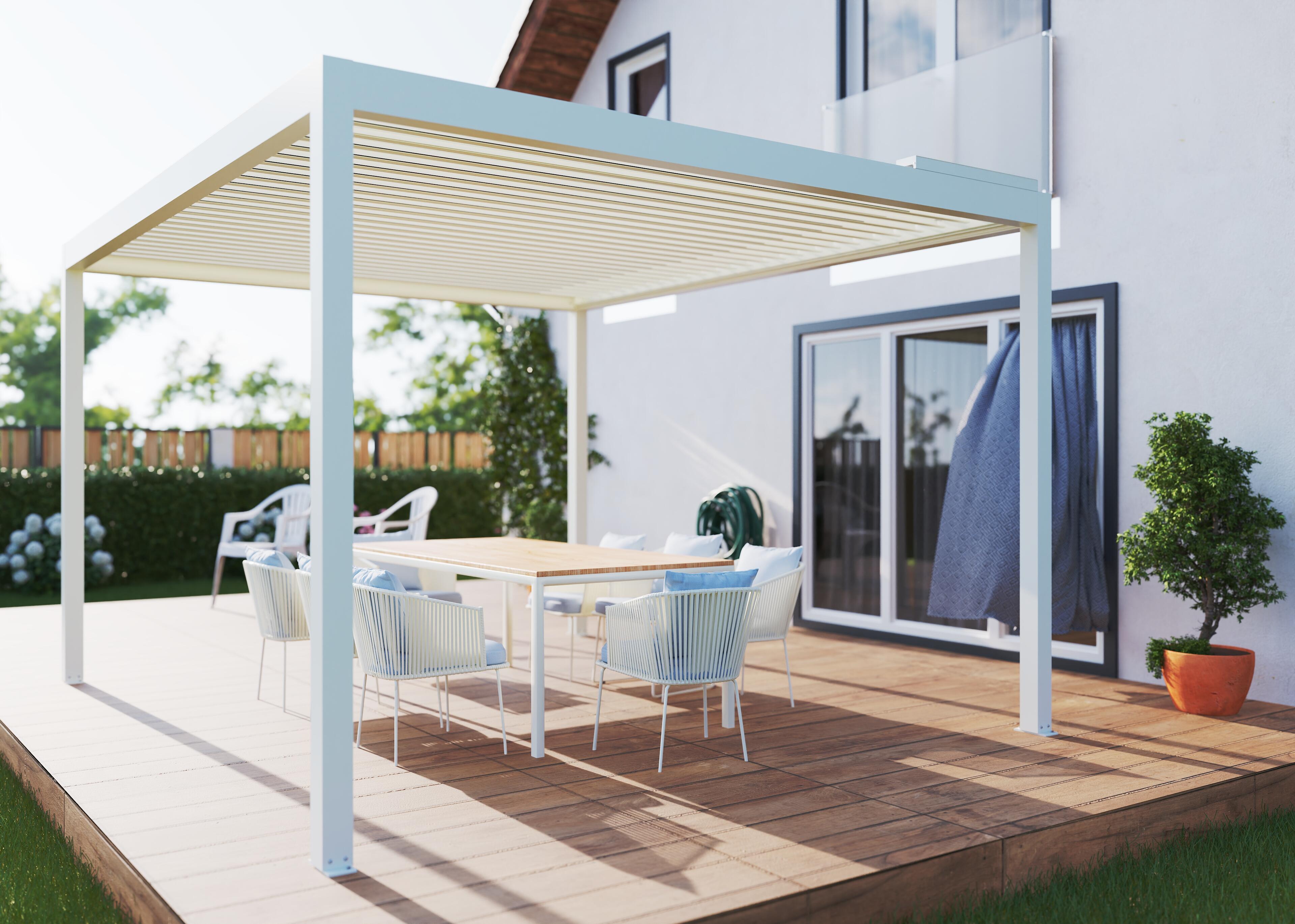 pergola bioclimatica de aluminio tieral caleta blanca y lama blanca de 413 x 350 x 262 cm motorizada con led