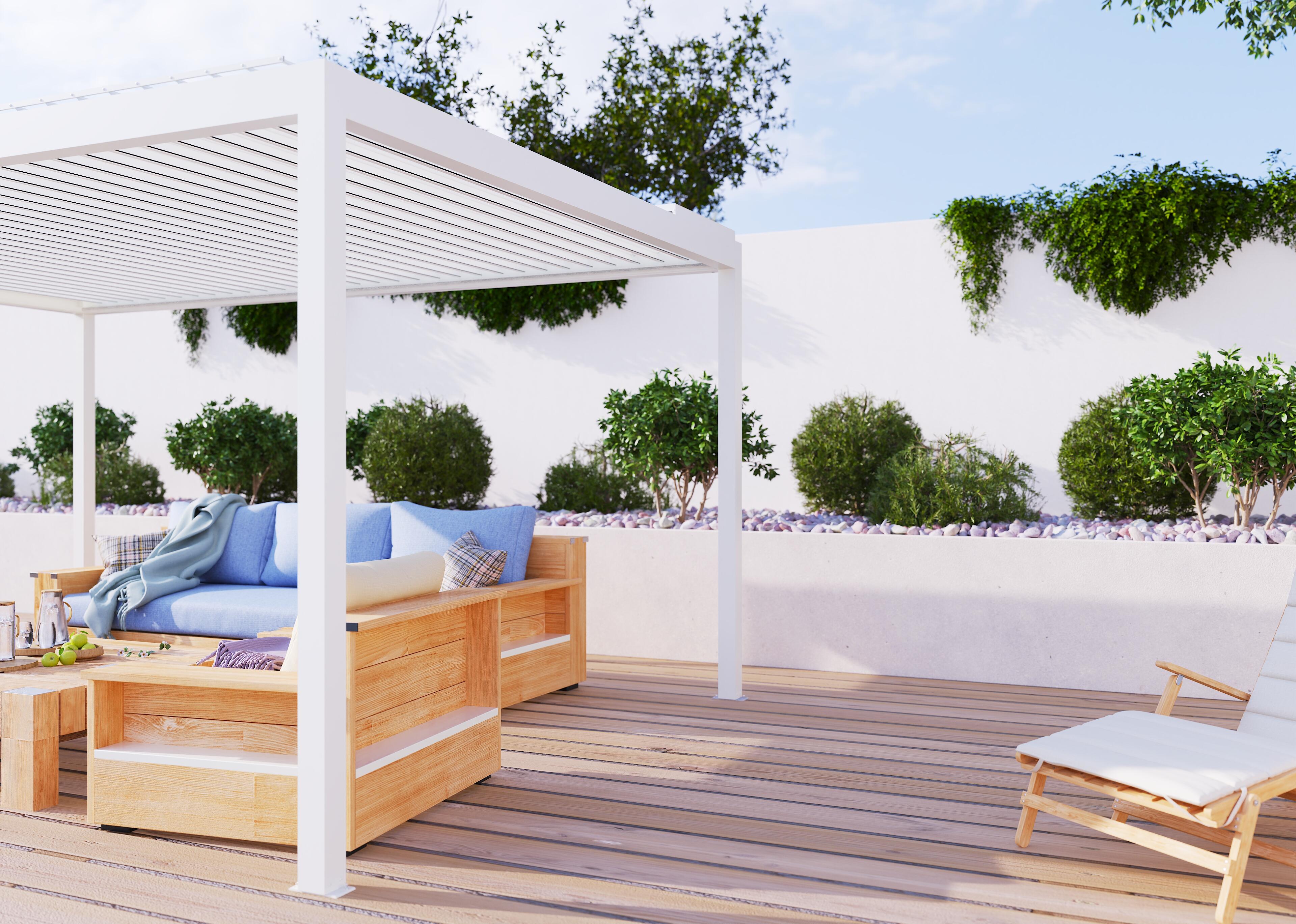pergola bioclimatica de aluminio tieral caleta blanca y lama blanca de 503 x 350 x 262 cm motorizada con led