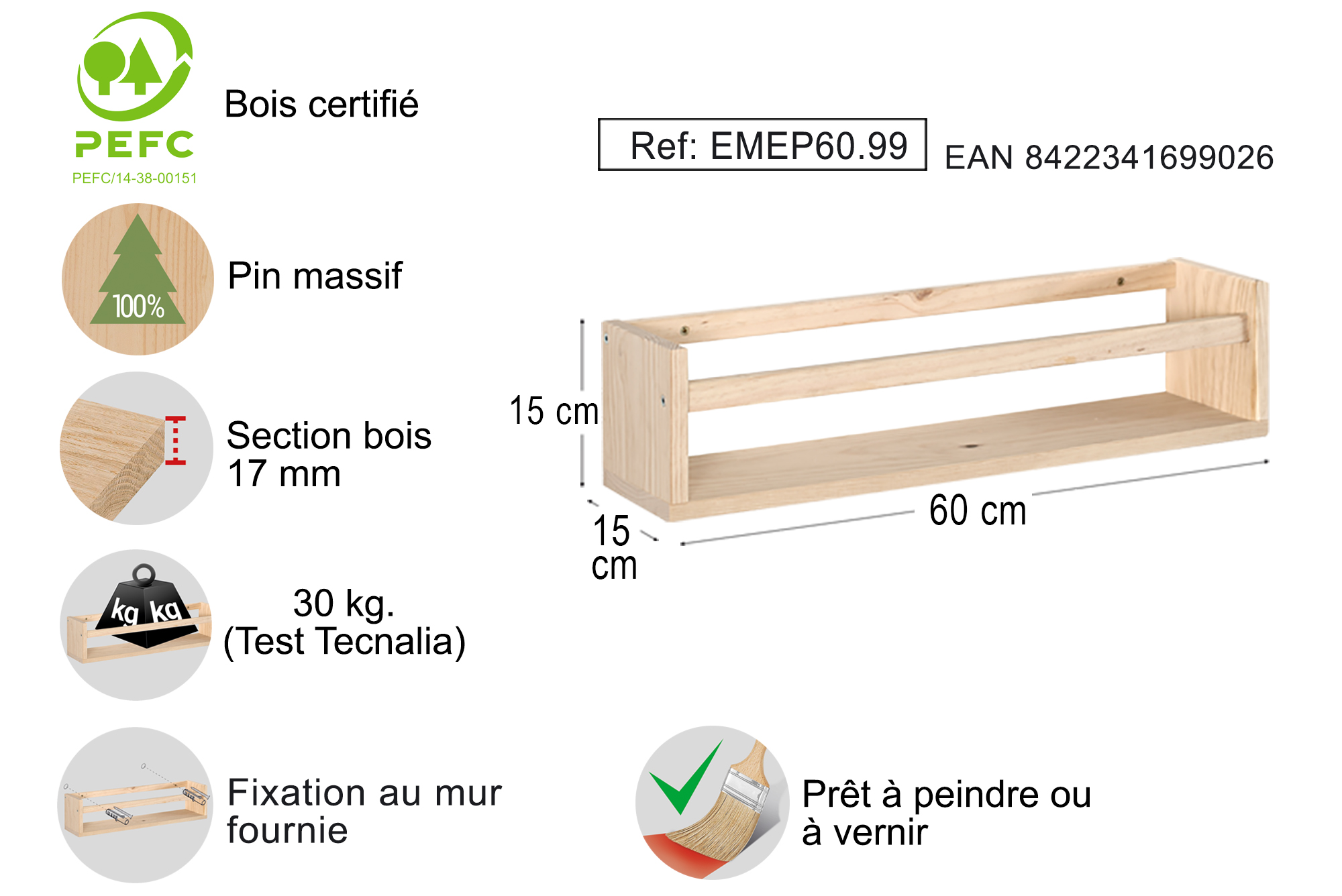 Etagère murale pin brut bois x L.60 cm x P.15 cm, Ep.1.7 cm - 8