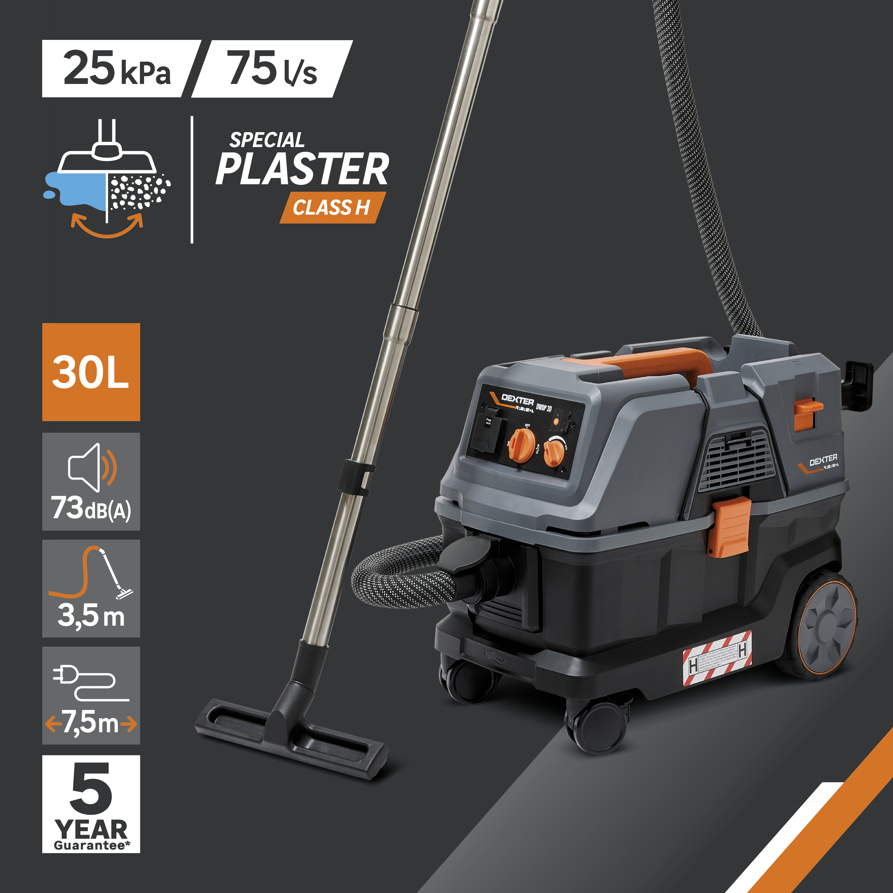Aspirateur de chantier eau, poussières et plâtre DEXTER PRO DWDP-30, 25kPa,30l - 2
