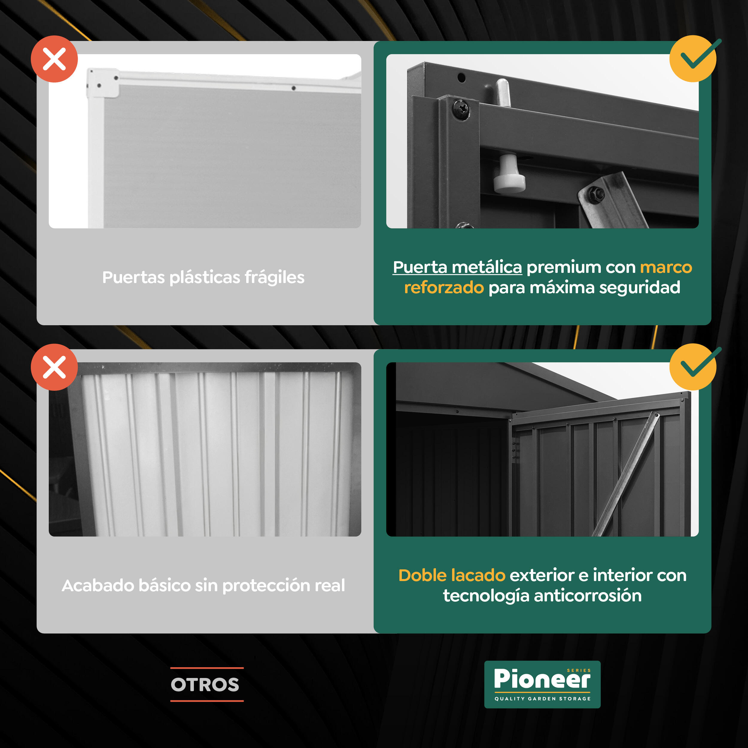 Caseta de metal PIONER Y20 de 168x200x68 cm y 1.14 m2 con 0.6 mm espesor y doble puerta abatible HOGGAR - 7