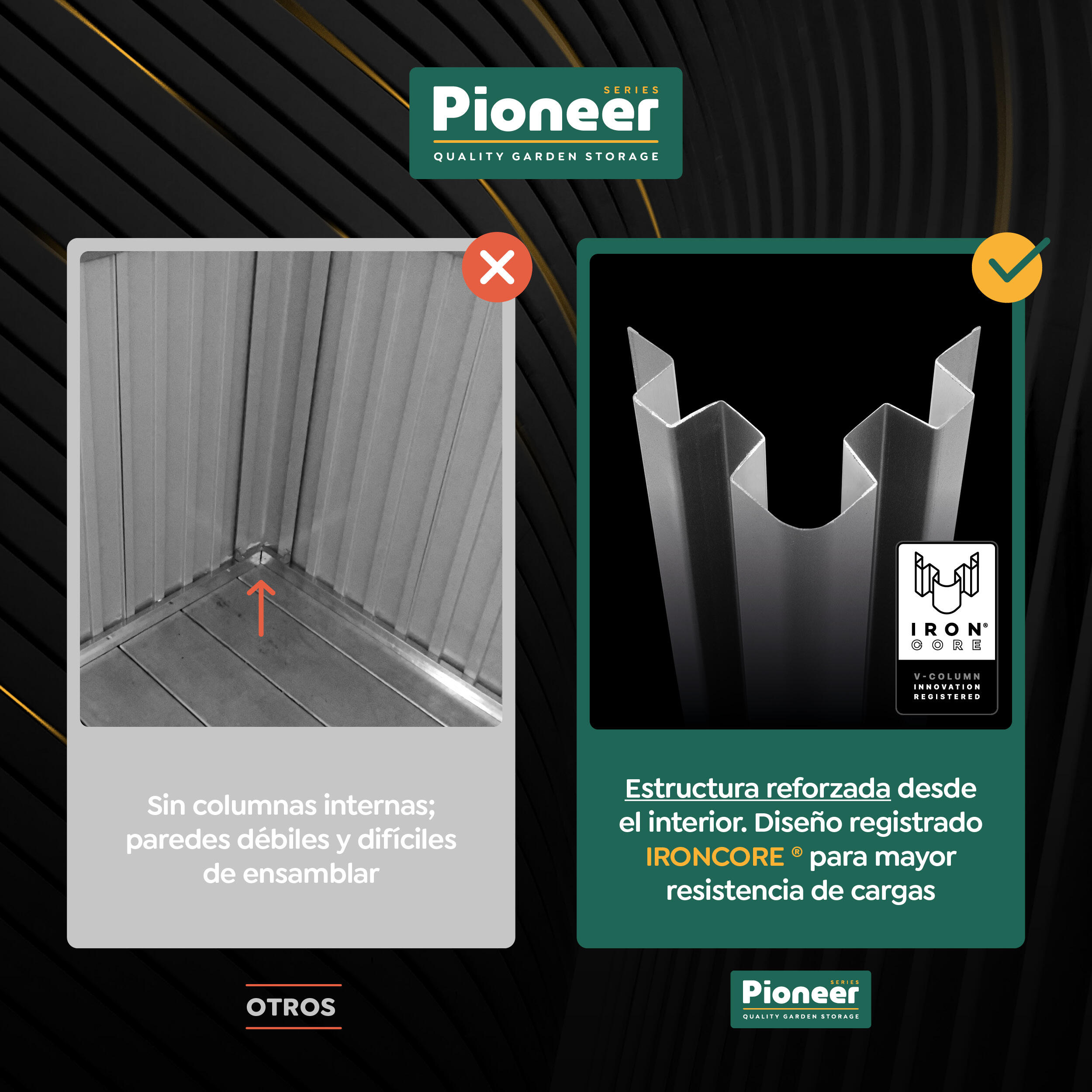 Caseta de metal PIONER Y20 de 168x200x68 cm y 1.14 m2 con 0.6 mm espesor y doble puerta abatible HOGGAR - 4