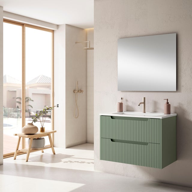 Conjunto mueble de baño suspendido con lavabo y espejo Open verde 60x45 cm
