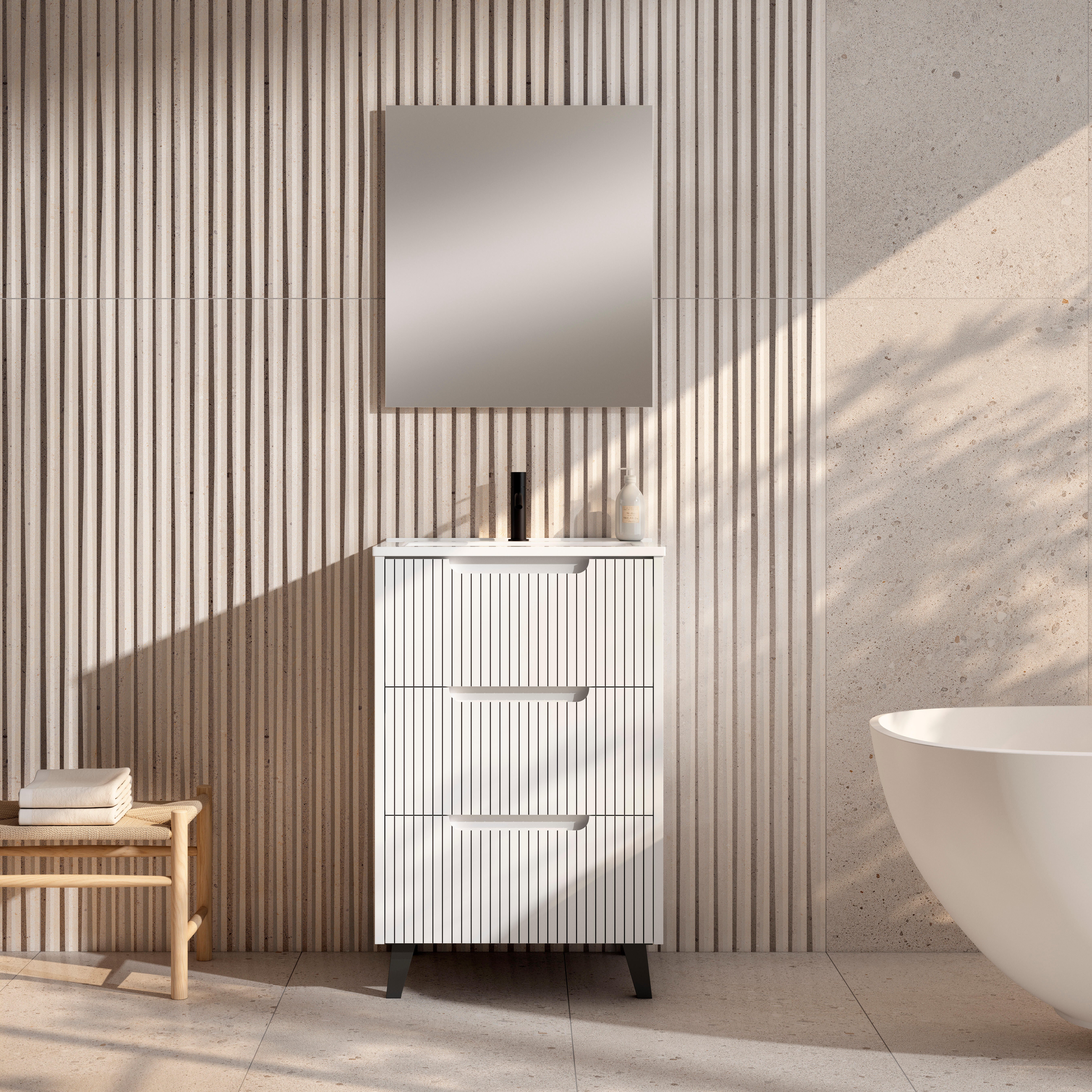 Conjunto mueble de baño a suelo con lavabo y espejo open blanco 60x46 cm