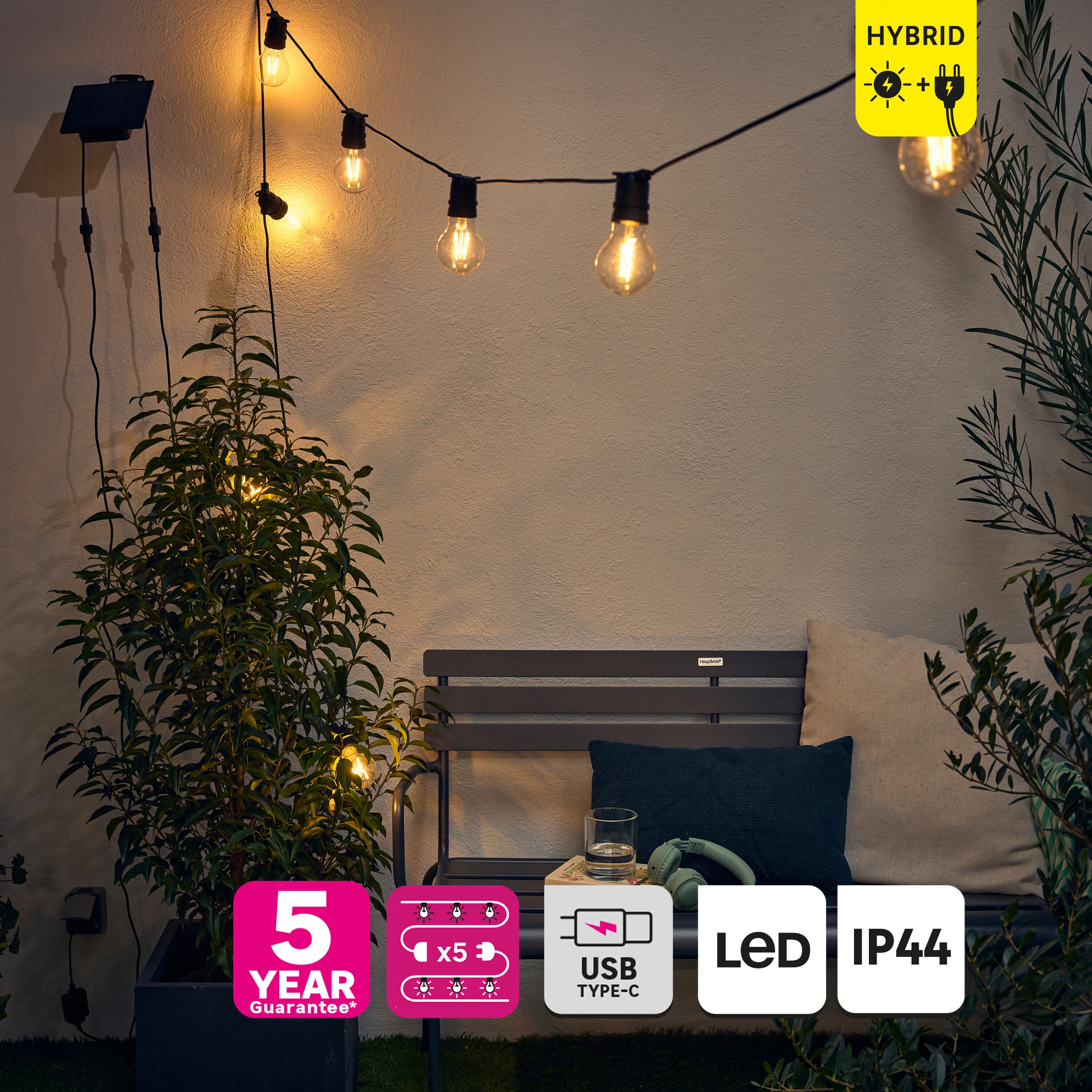 Grinalda solar 5 m 10 luzes 440 lúmens 2700 K IP44 exterior preto Inspire - 7
