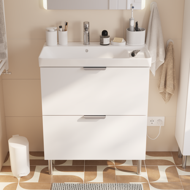 Mobile bagno a terra con lavabo e colonna L 71.2 x H 81.8 x P 39.6 cm in truciolare 2 cassetti,  top incluso