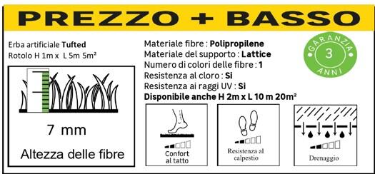 Rotolo di erba sintetica Sp 7 mm resistente ai raggi UV 5 x 1 m, 5 m² TUFTED - 19