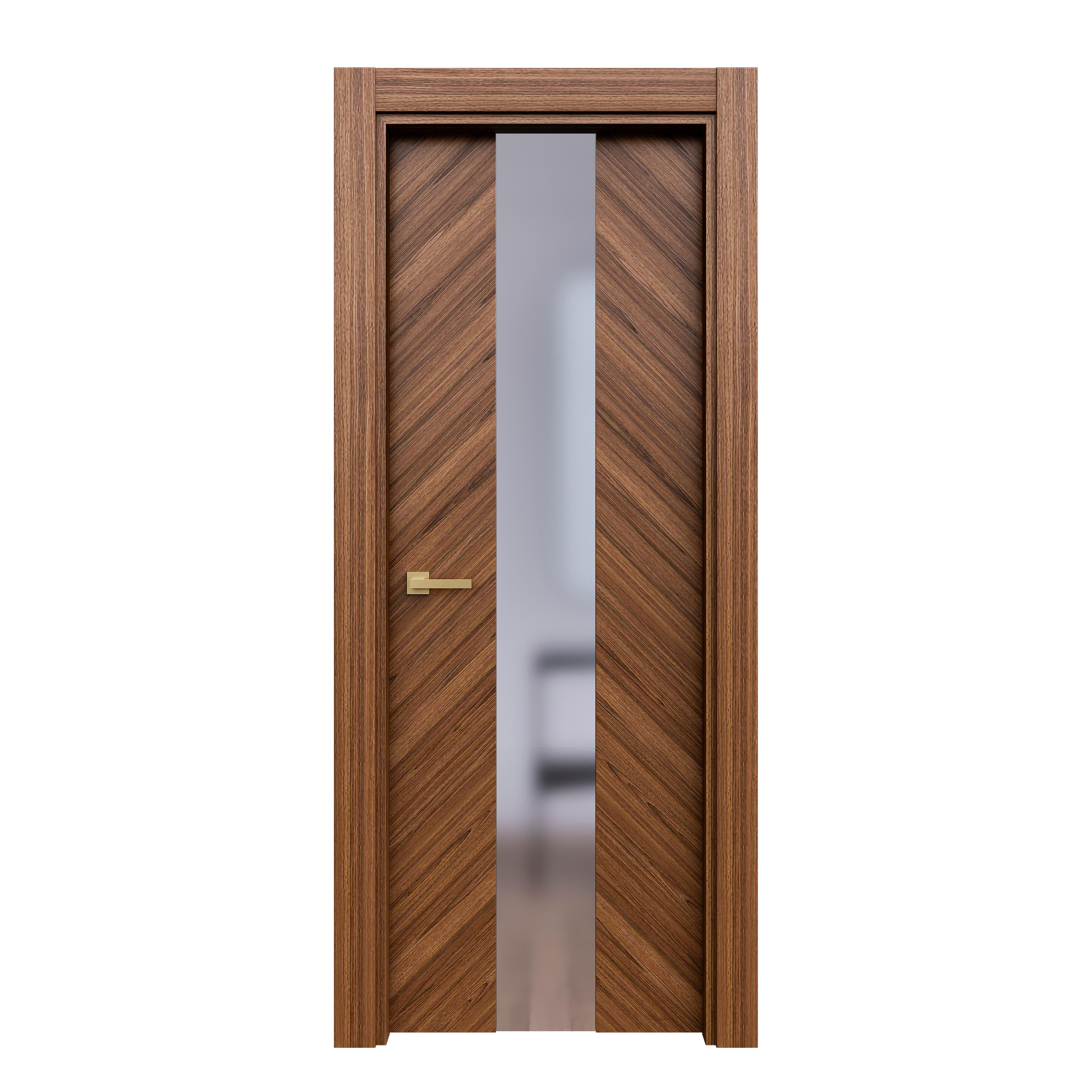 Puerta de interior abatible con cristal maciza barnizada tinte castalla zenda nogal apertura derecha cerco de 9x3 anchura 62.5cm